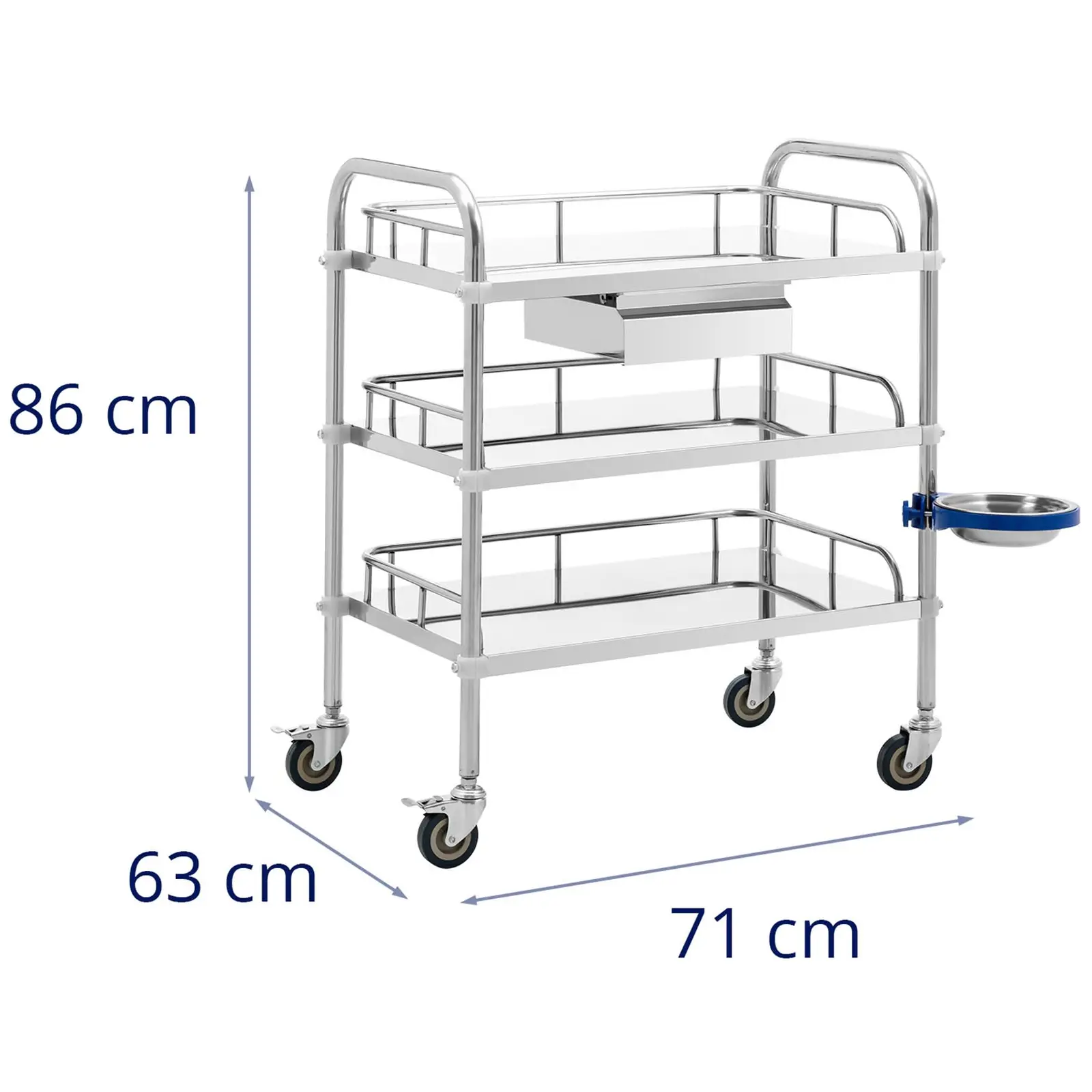 Laboratorní vozík - ušlechtilá ocel - 3 police o rozměru 61 x 40 x 13 cm - 1 zásuvka - 15 kg