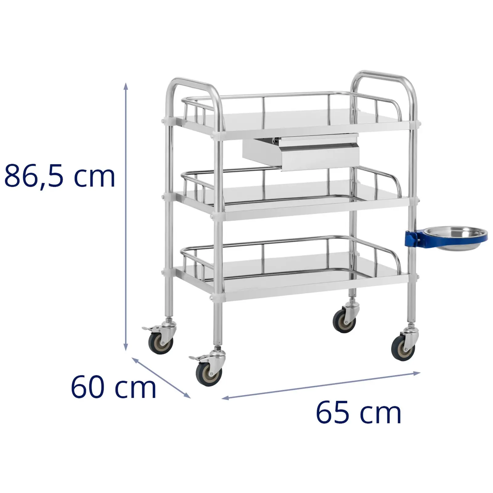 Laboratorijski voziček - nerjaveče jeklo - 3 police vsaka 56 x 36 x 13 cm - 1 predal - 15 kg