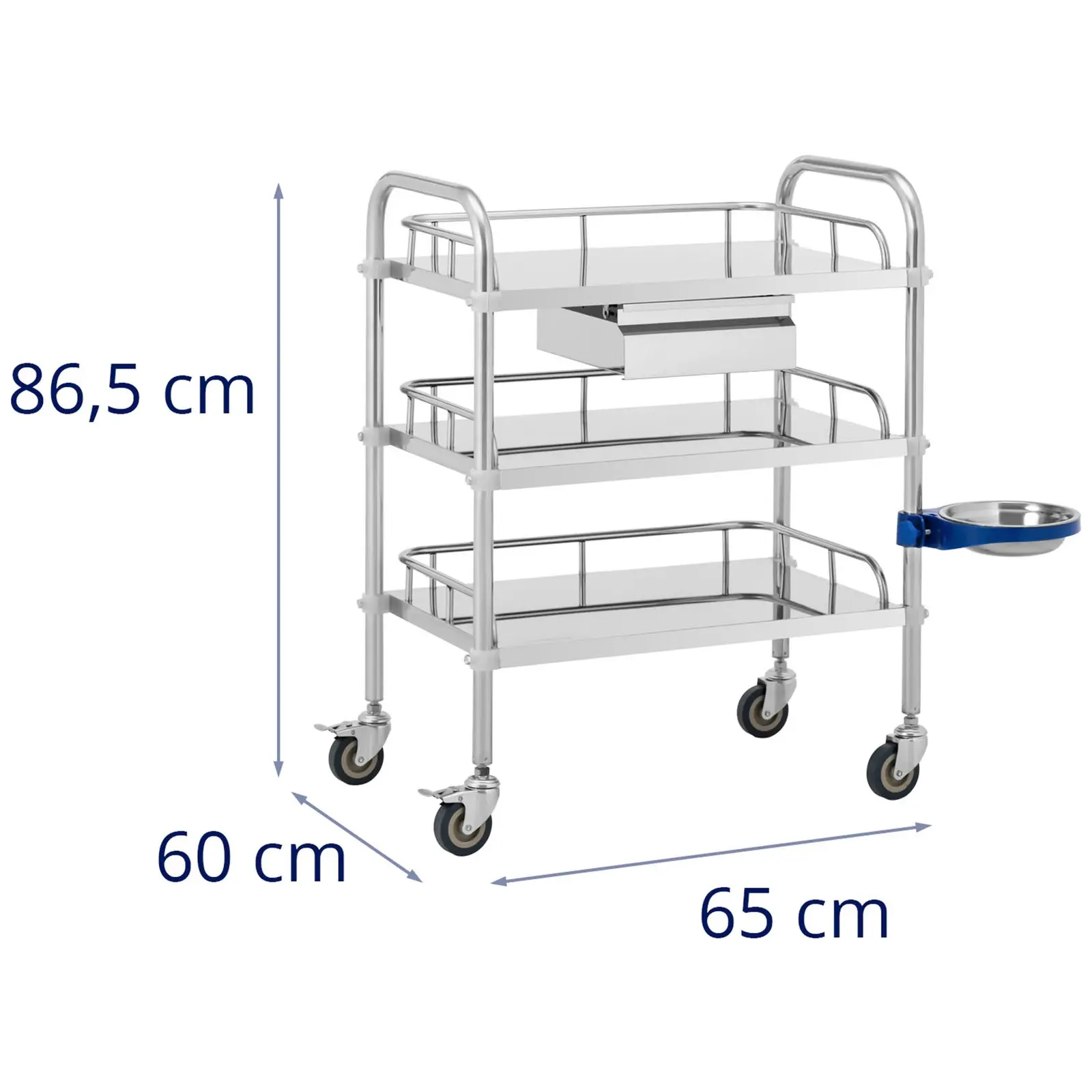 Laboratorní vozík - ušlechtilá ocel - 3 police o rozměru 56 x 36 x 13 cm - 1 zásuvka - 15 kg (Rozměry zásuvek (DxŠxV) [cm]: 21 x 31 x 8)