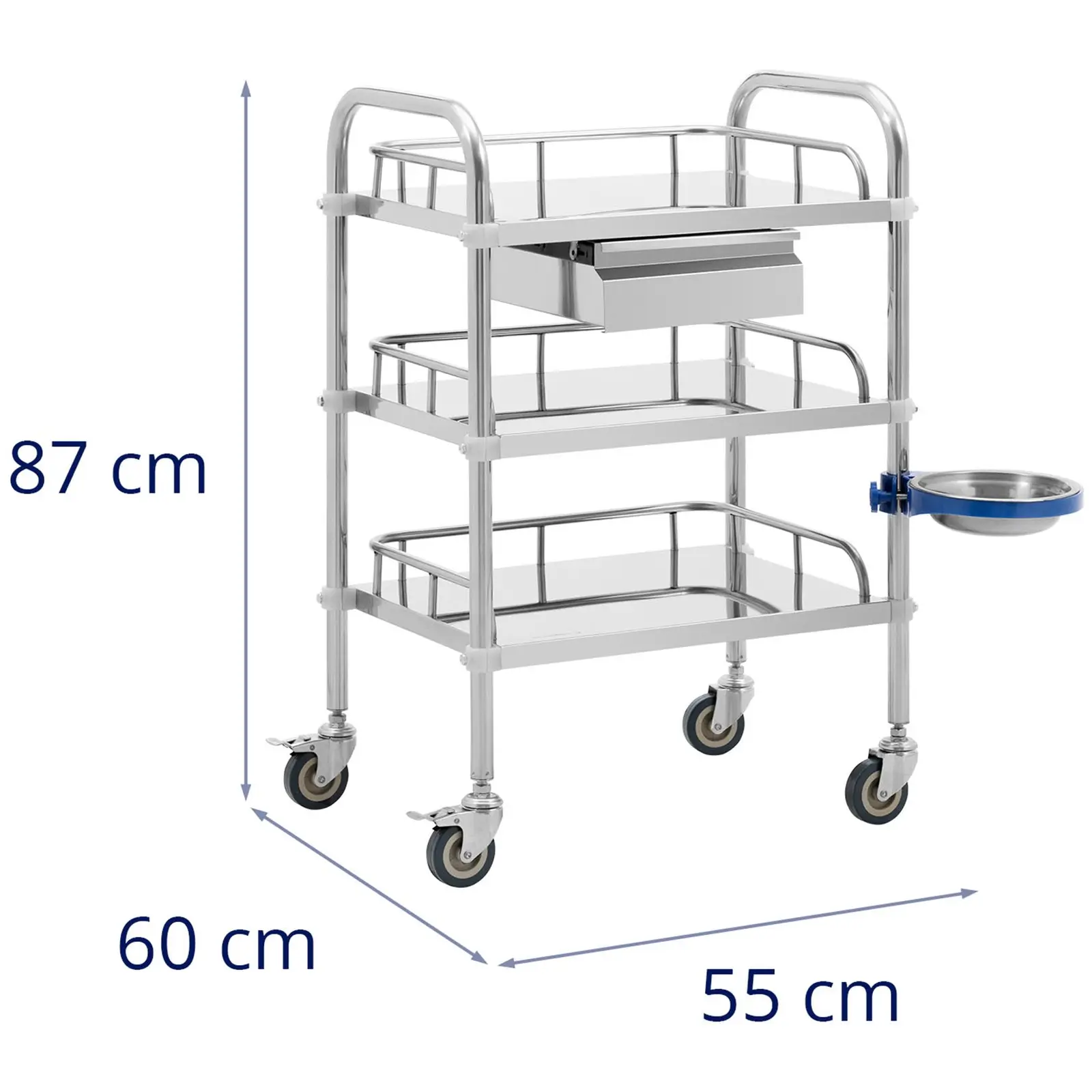 Laboratorní vozík - ušlechtilá ocel - 3 police o rozměru 45 x 36 x 13 cm - 1 zásuvka - 15 kg