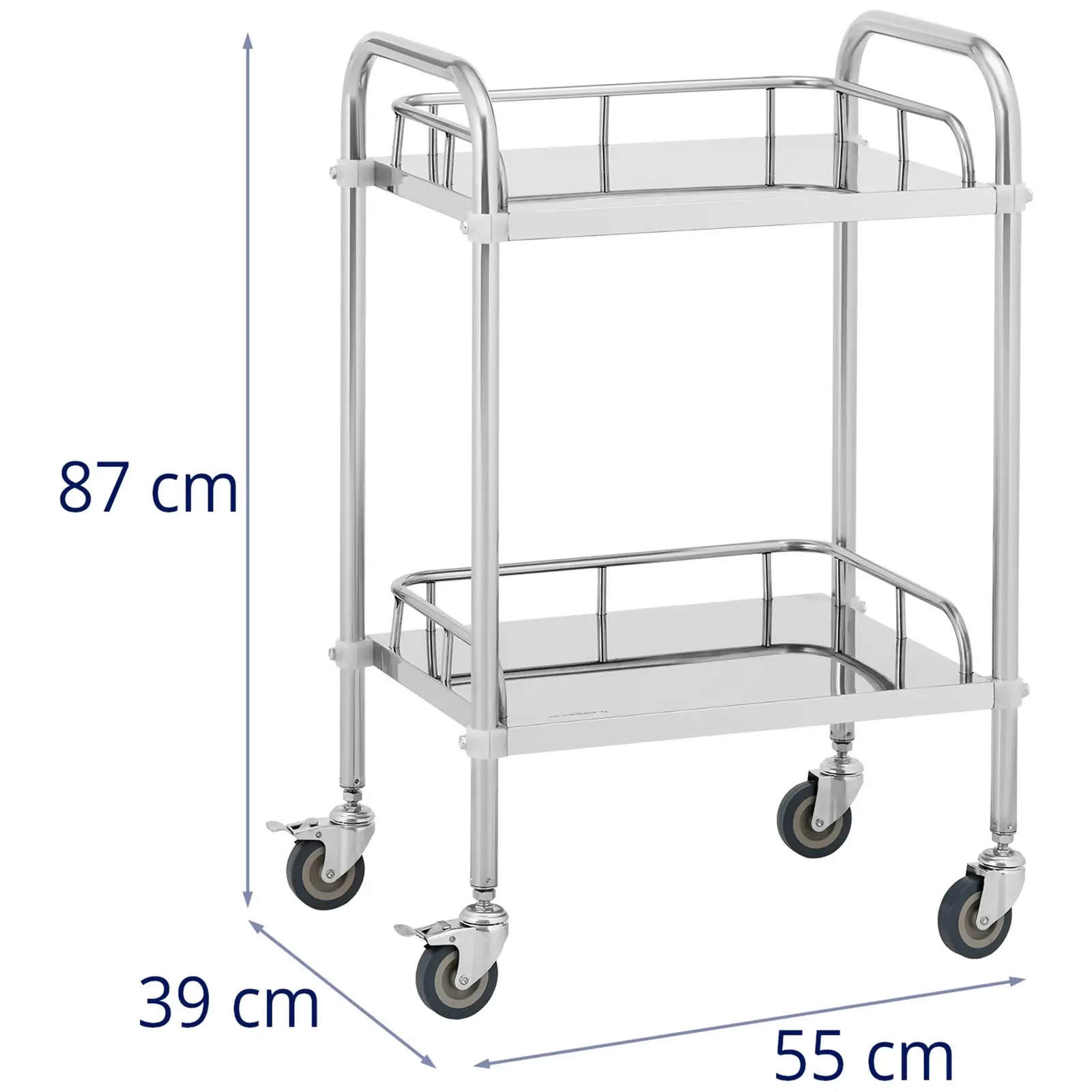 Лабораторна количка - неръждаема стомана - 2 рафта, всеки с размери 45 x 36 x 2,5 см - 20 кг