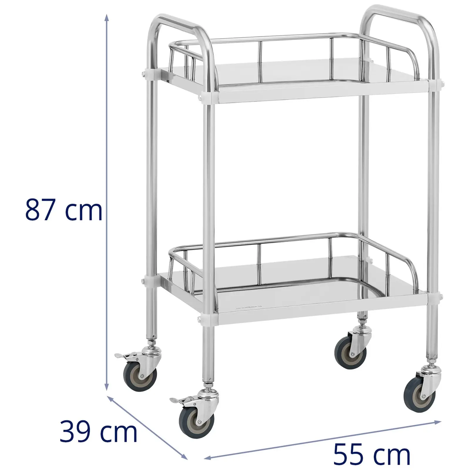 Laboratorievogn - rustfritt stål - 2 hyller hver 45 x 36 x 2,5 cm - 20 kg