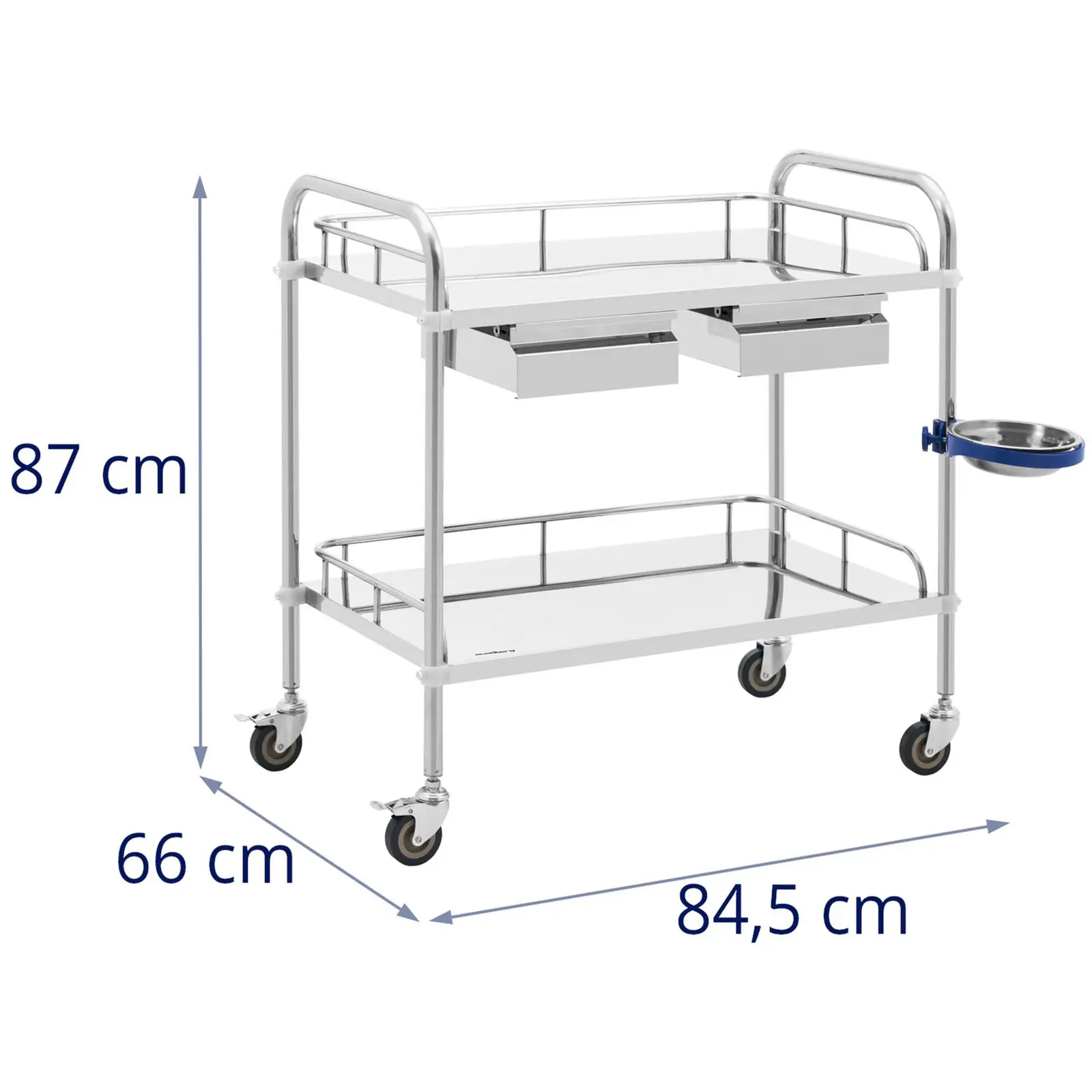 Instrumenttivaunu - ruostumaton teräs - 2 mitoiltaan 74 x 44 x 13 cm tasoa - 2 vetolaatikkoa - 20 kg