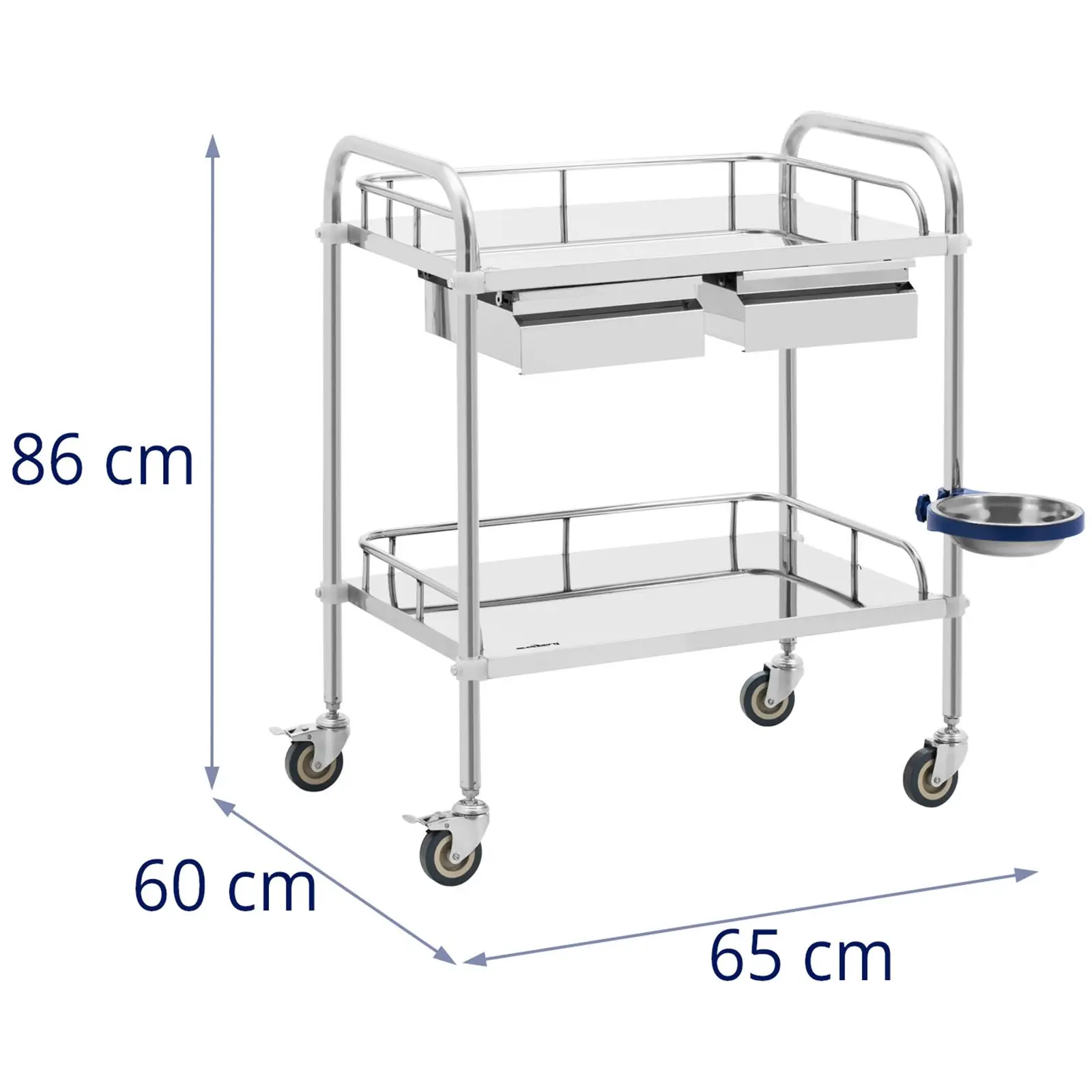 Laboratorievogn - rustfritt stål - 2 hyller hver 61 x 40 x 13 cm - 2 skuffer - 20 kg