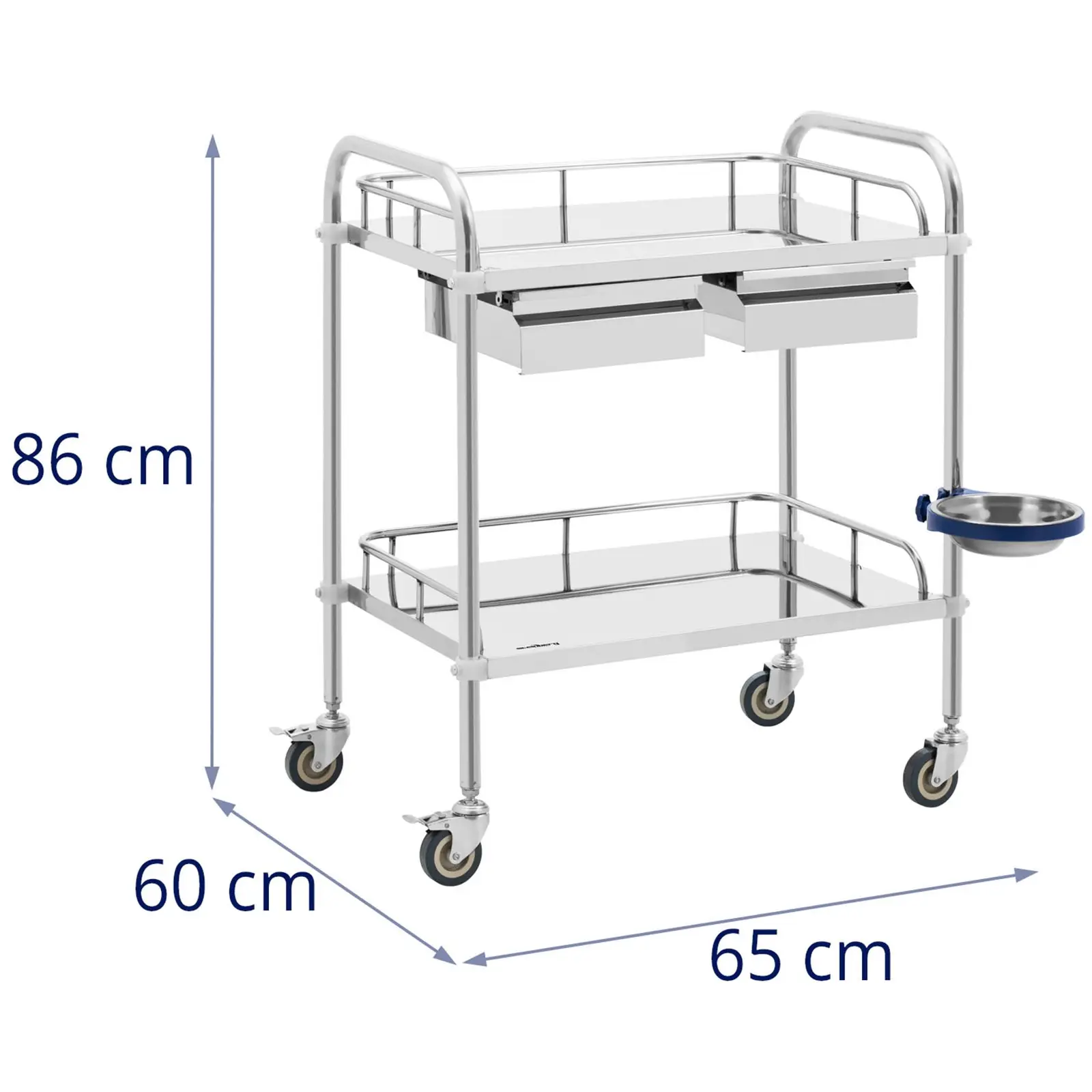 Лабораторна количка - неръждаема стомана - 2 рафта, всеки с размери 55 x 37 x 13 см - 2 чекмеджета - 20 кг