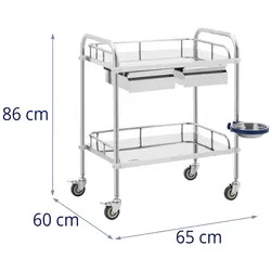 Laboratorinis vežimėlis - nerūdijantis plienas - 2 lentynos po 55 x 37 x 13 cm - 2 stalčiai - 20 kg