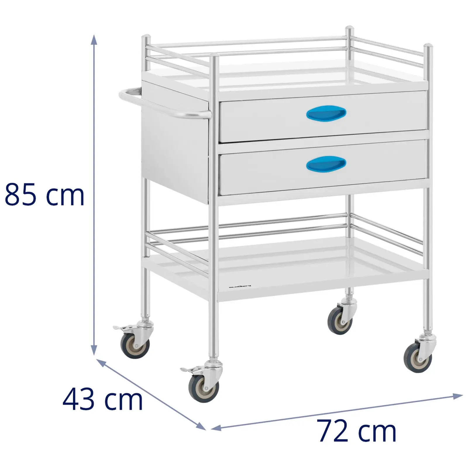 Brugt Laboratorievogn - rustfrit stål - 2 hylder - 60 x 41 x 28 cm - 40 kg - 2 skuffer