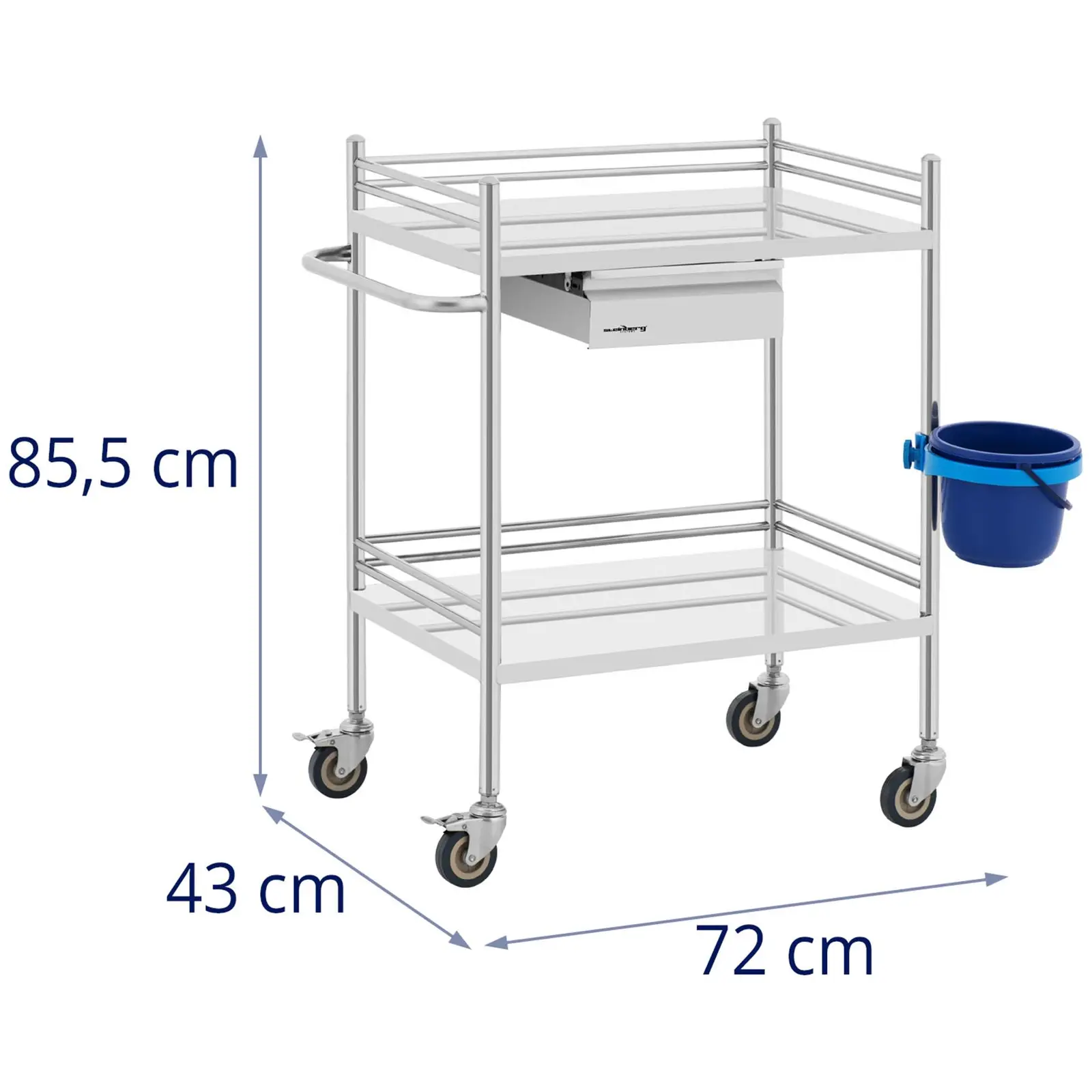 Laboratóriumi kocsi - rozsdamentes acél - 2 polc/60 x 40 x 12,5 cm - 1 fiók - 40 kg