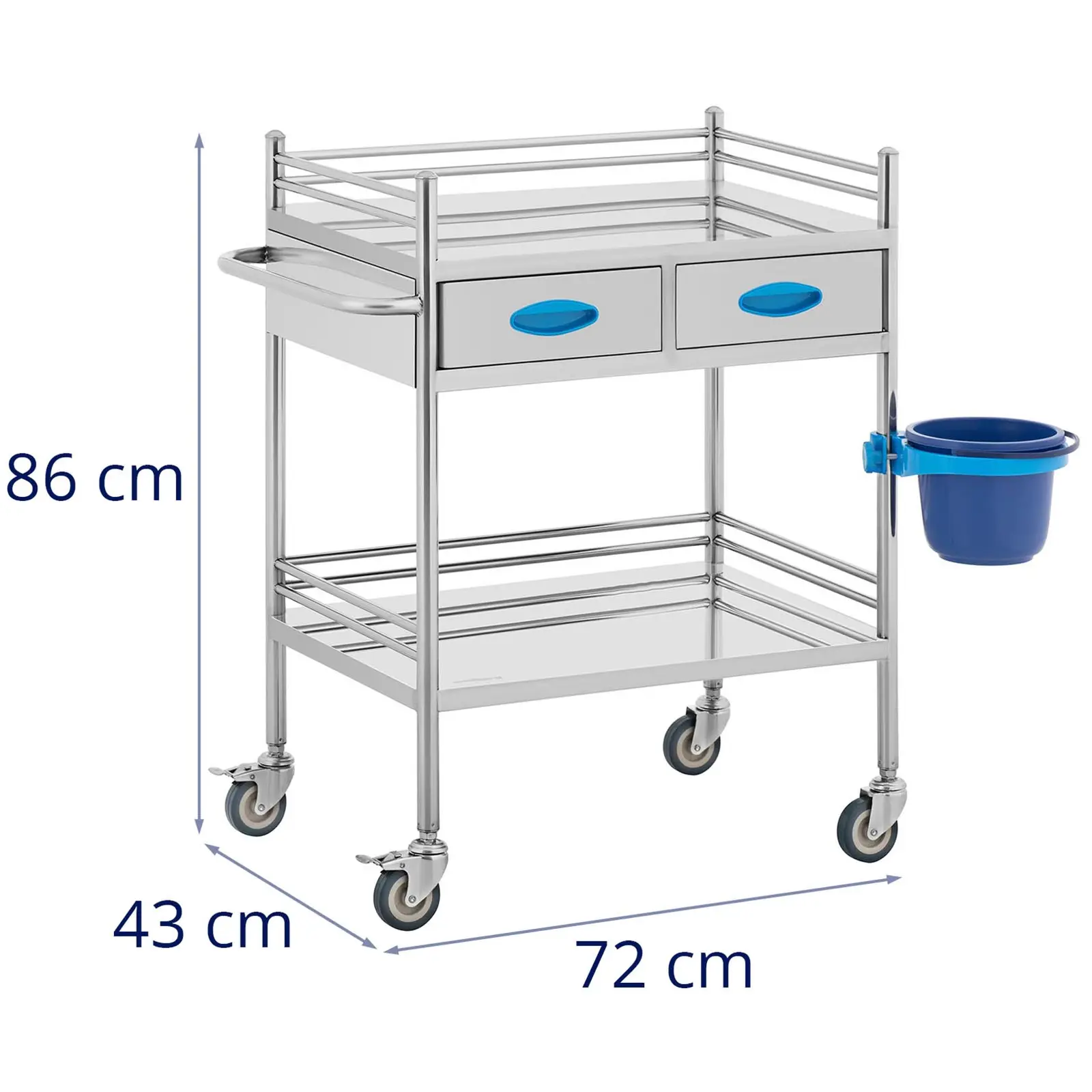 Laboratóriumi kocsi - rozsdamentes acél - 2 polc/58 x 41 x 15 cm - 2 fiók - 40 kg