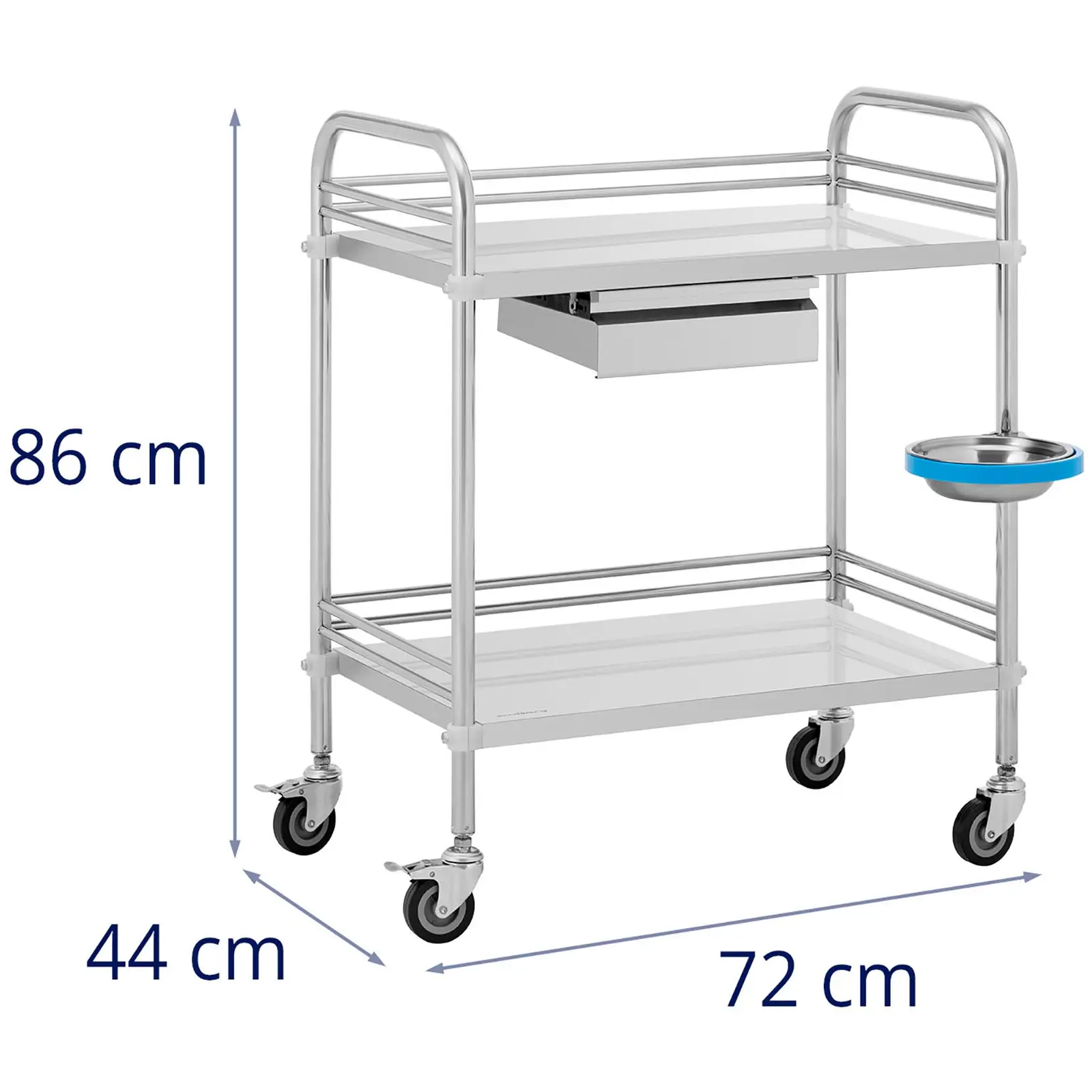 Seconda Mano Carrello da laboratorio - Acciaio inox - 2 ripiani da 63 x 40 x 12,5 cm - 1 cassetto - 20 kg