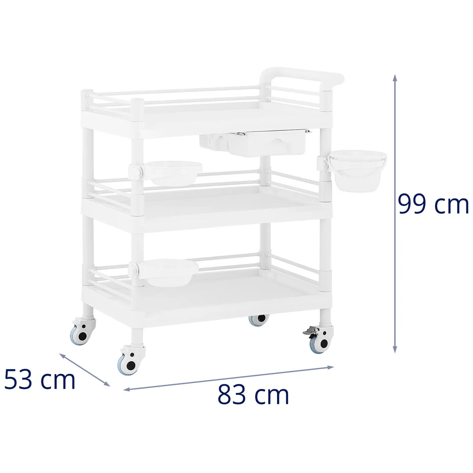 Occasion Chariot médical - 3 tablettes de 65 x 47 x 5 cm - 1 tiroir - 3 poubelles - 60 kg