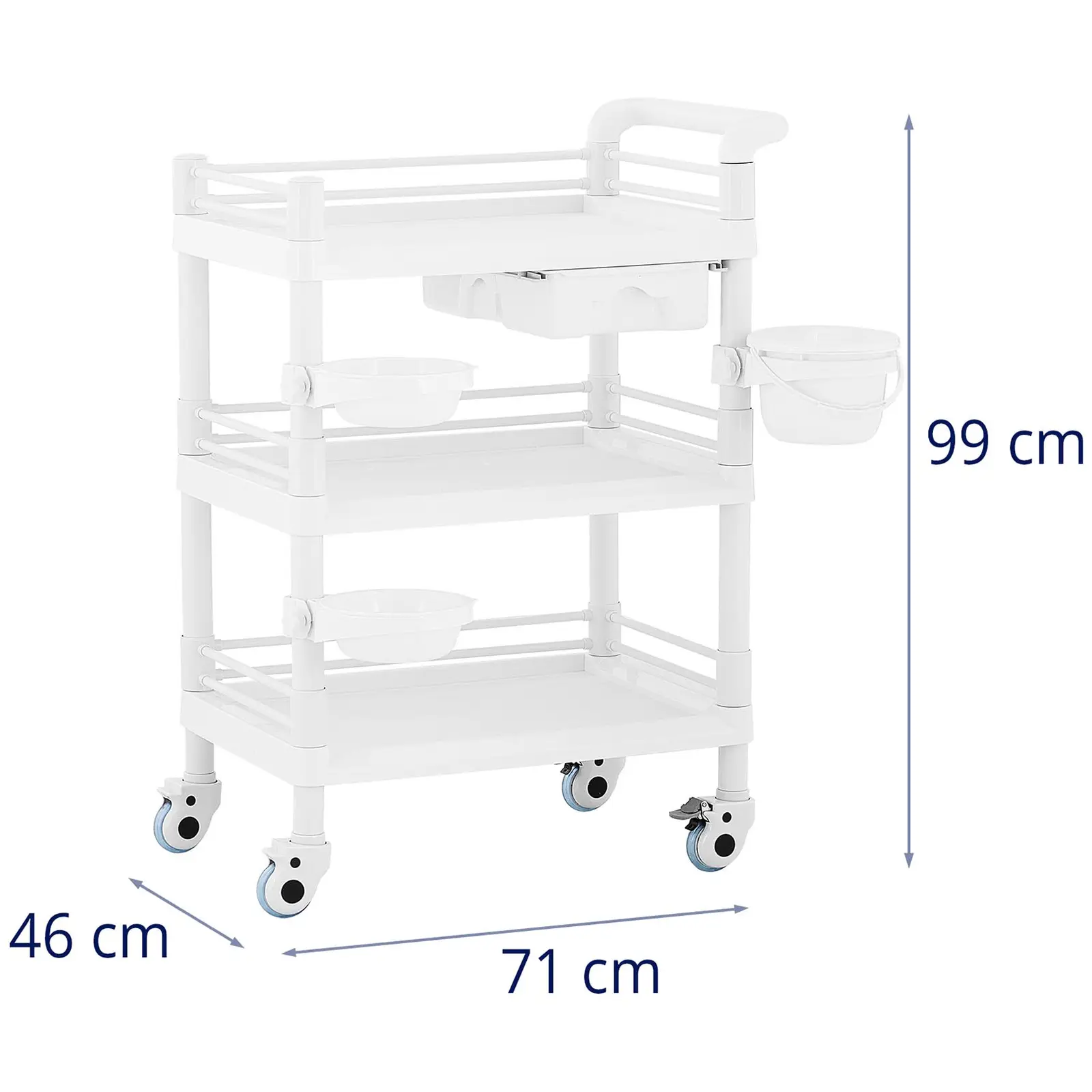 Wózek laboratoryjny - 3 półki po 54 x 38 x 5 cm - 1 szuflada - 3 pojemniki - 30 kg