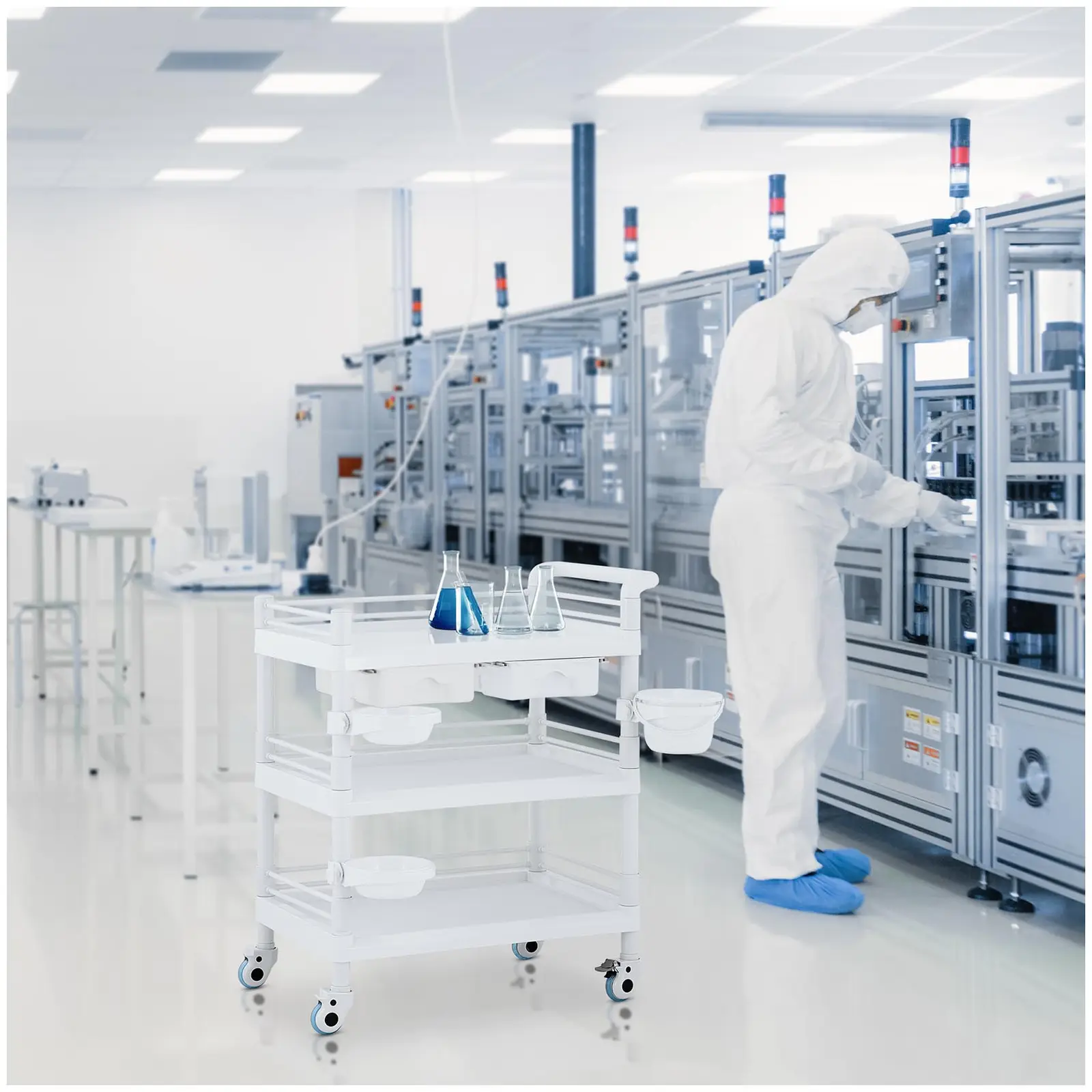 Laboratory Trolley - 3 shelves each 65 x 46 x 14 cm - 2 drawers - 3 containers - 60 kg (Number of drawers: 2)