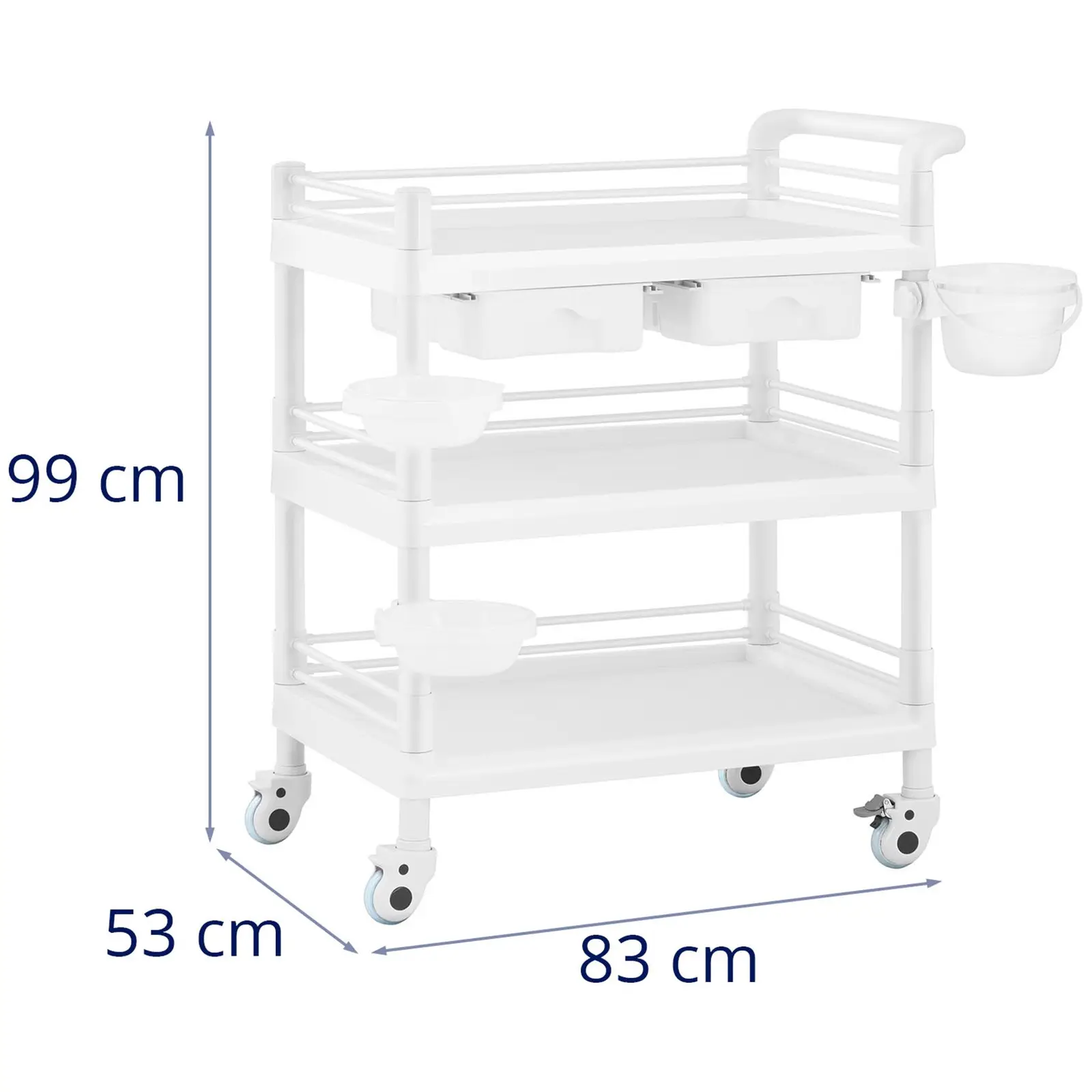 Laboratory Trolley - 3 shelves each 65 x 46 x 14 cm - 2 drawers - 3 containers - 60 kg (Shelves dimensions [cm]: 65 x 46 x 14)