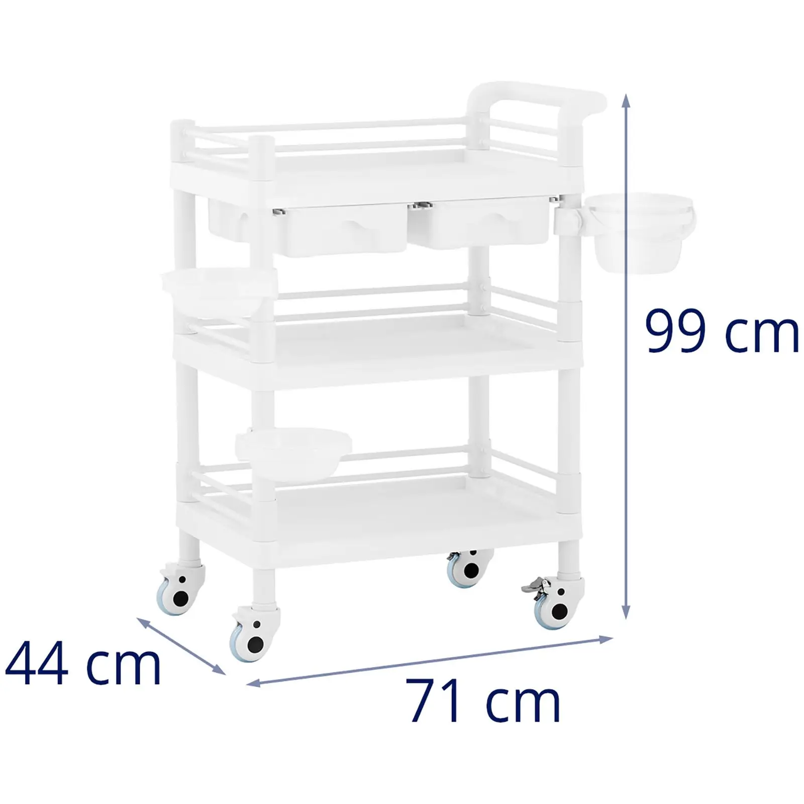 Wózek laboratoryjny - 3 półki po 54 x 37 x 14 cm - 2 szuflady - 3 pojemniki - 30 kg