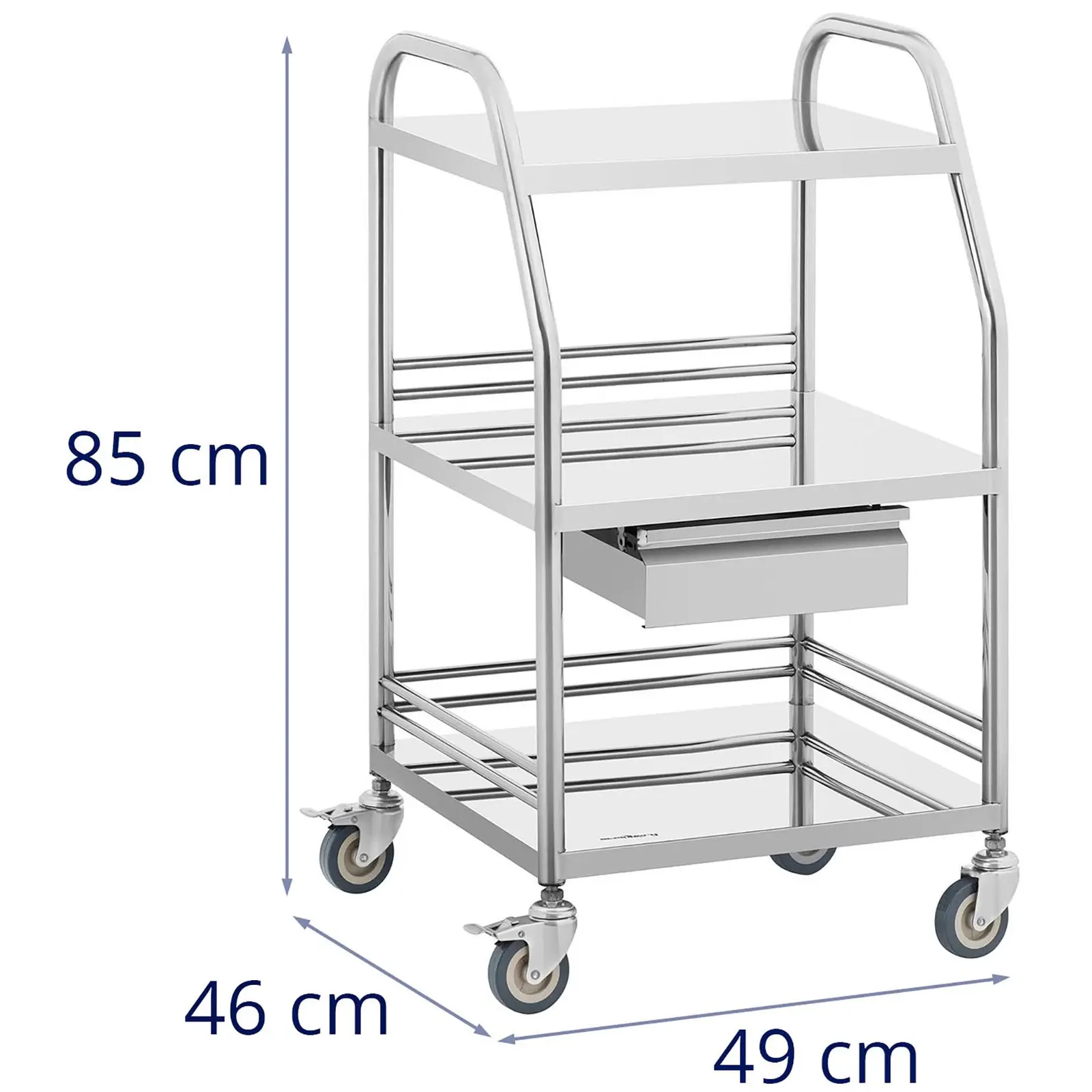 Instrumenttivaunu - ruostumaton teräs - 3 tasoa - 1 vetolaatikko - 30 kg