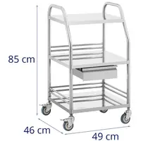 Laboratorijski voziček - nerjaveče jeklo - 3 police vsaka 41 x 35 x 2,5 cm - 1 predal - 30 kg