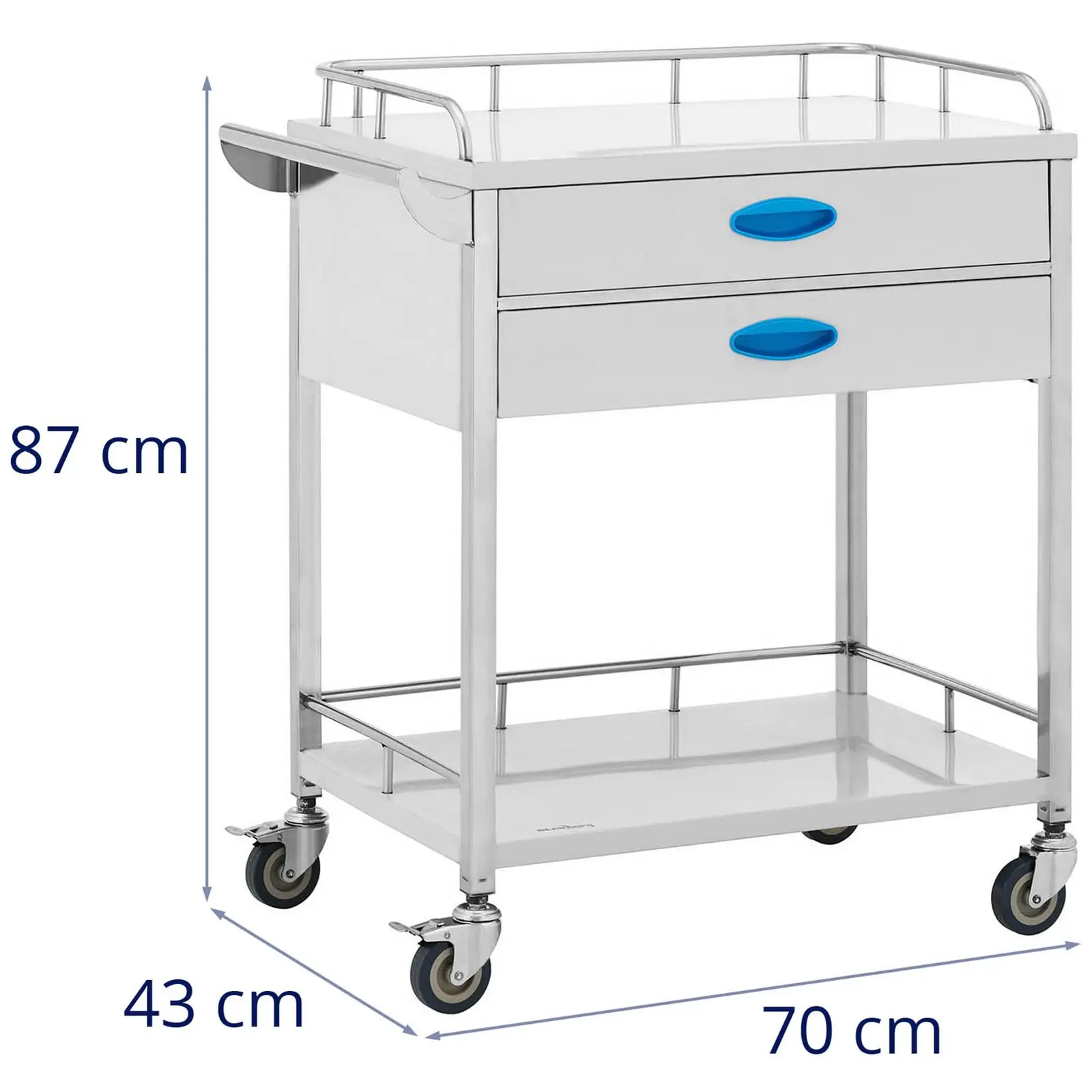 Лабораторна количка - неръждаема стомана - 2 рафта по 60 x 41 x 26 см - 2 чекмеджета - 40 кг