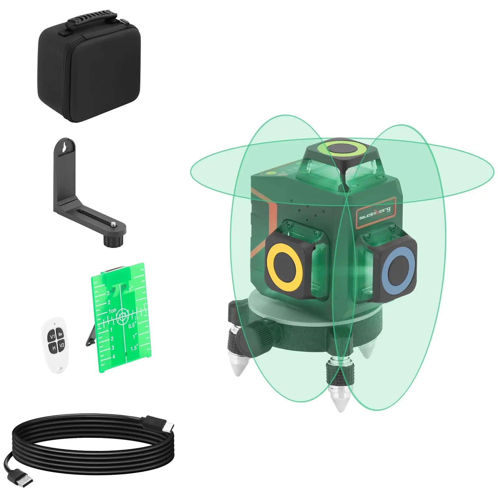 Лазер за 360° кръстосани линии с чанта за носене - зелен - 15-30 м - самонивелиращ се - мини статив - дистанционно управление