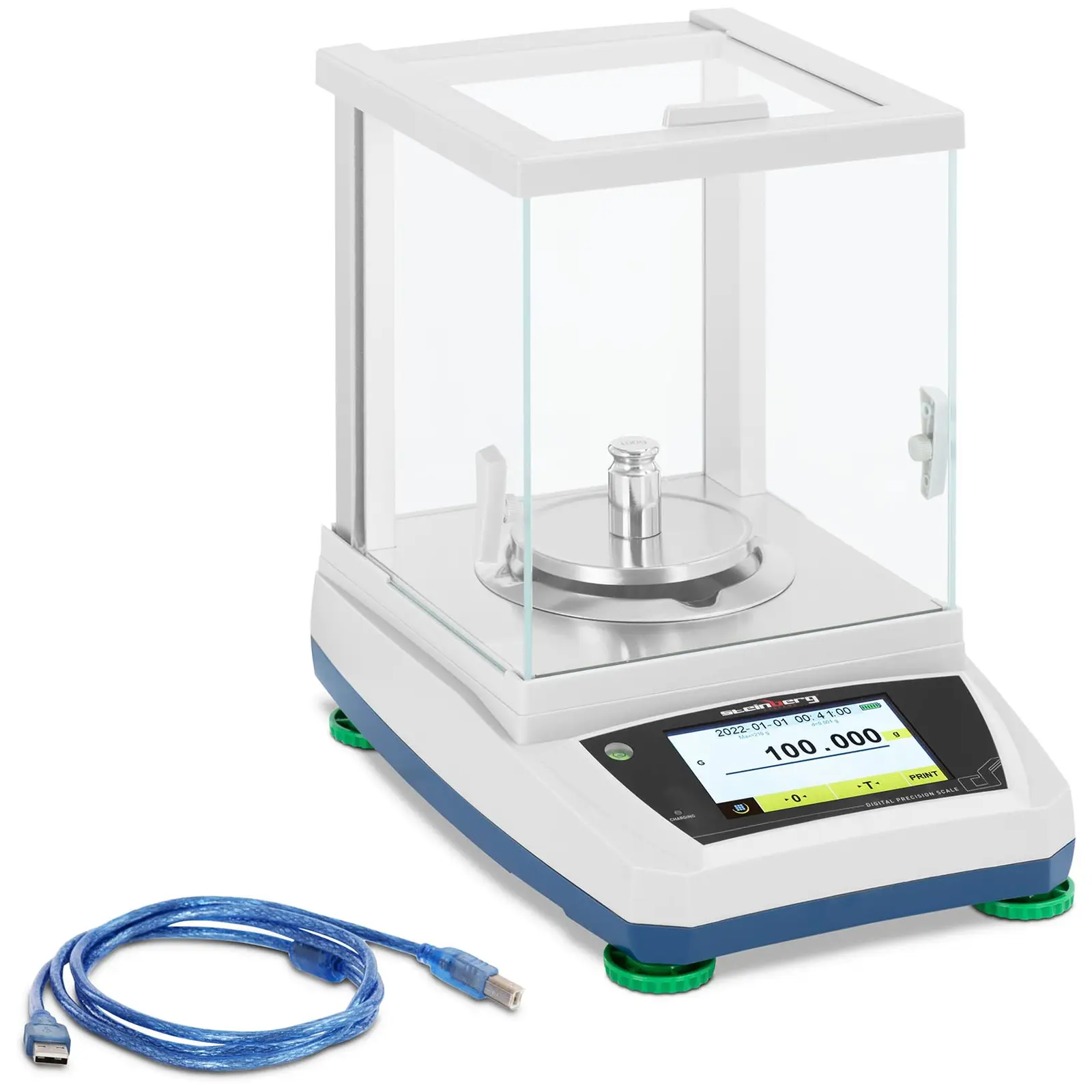 Waga laboratoryjna - 200 g / 0,001 g - Ø98 mm - dotykowy panel LCD - akumulator - szklana osłona przeciwpodmuchowa