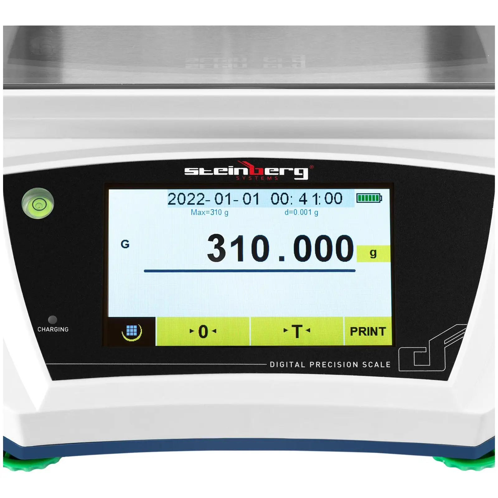 Přesná váha - 300 g / 0,01 g - Ø 98 mm - dotykový LCD displej - velký skleněný kryt (Hustota: Ano)