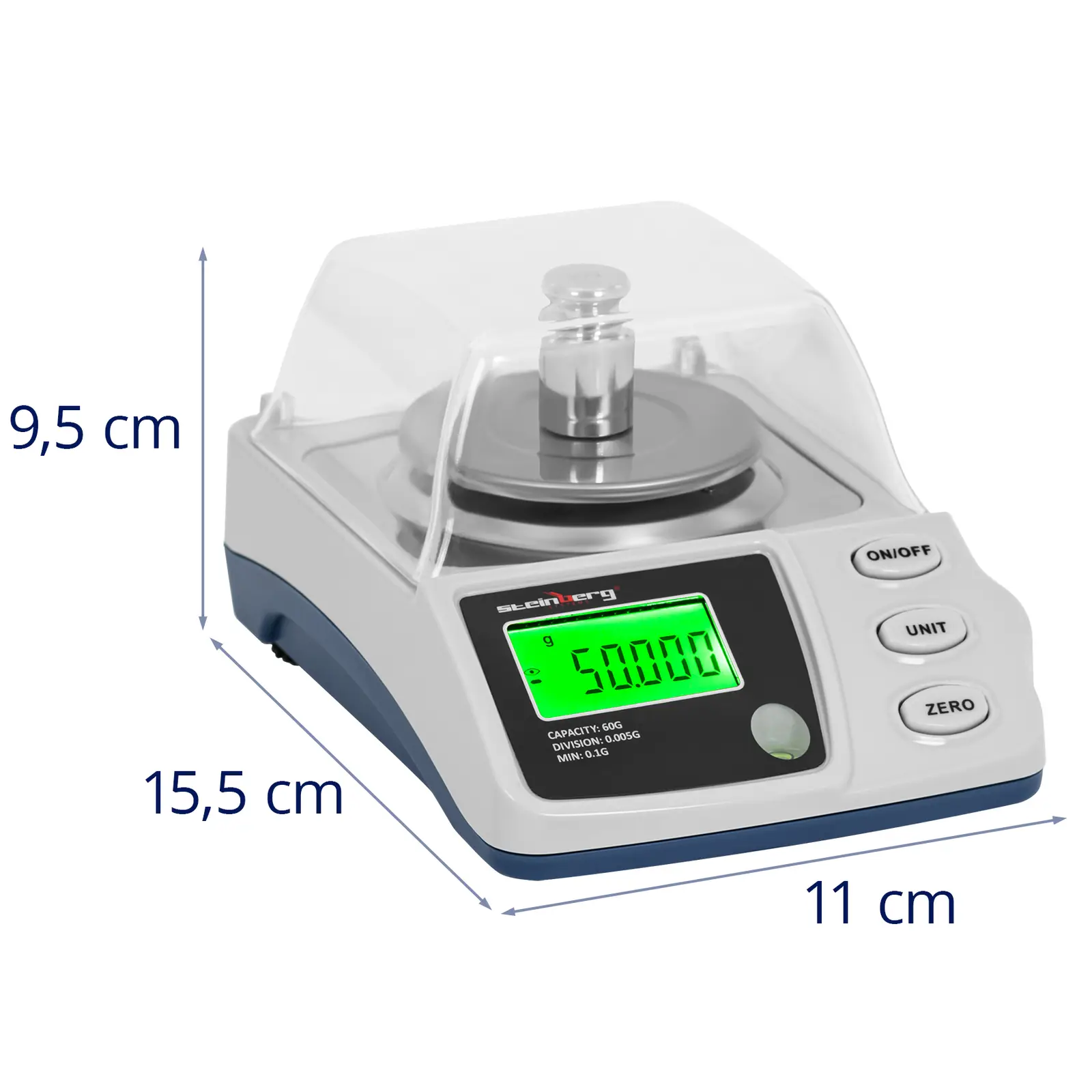 Digitální laboratorní váha - 0,1–60 g / 0,005 g - Ø 68 mm - kryt proti větru (Tárování: Ano)