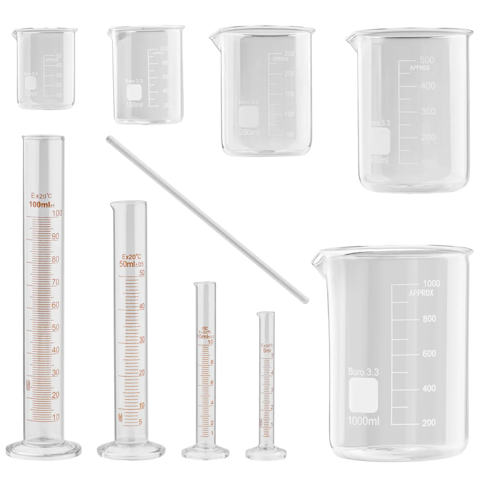 Szkła laboratoryjne - naczynia miarowe - 5 - 1000 ml - 10 elementów