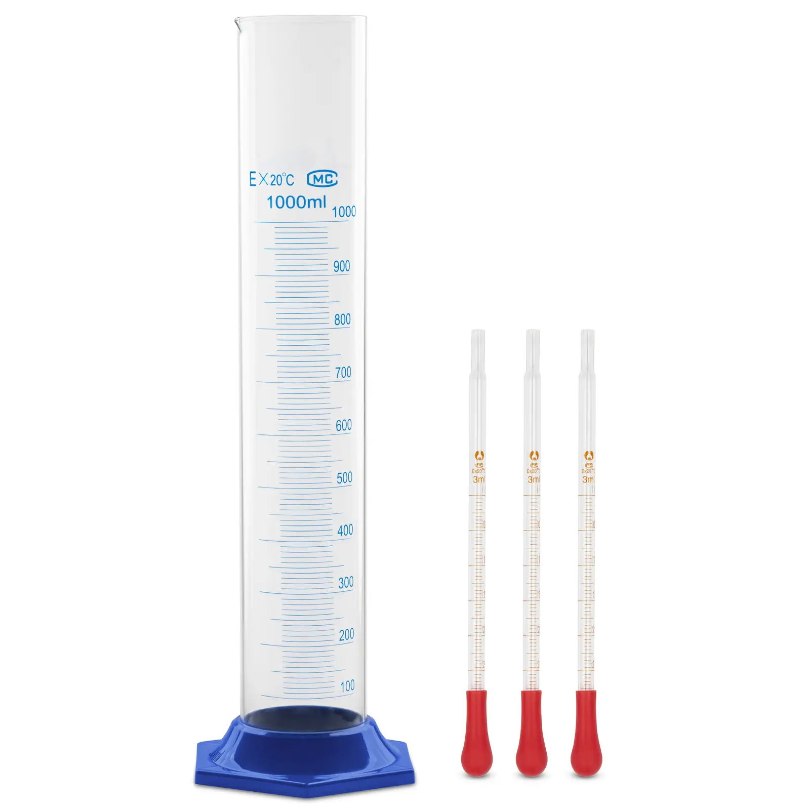 Material de vidro para laboratório - proveta graduada + 3 pipetas de vidro - conjunto de 4 peças