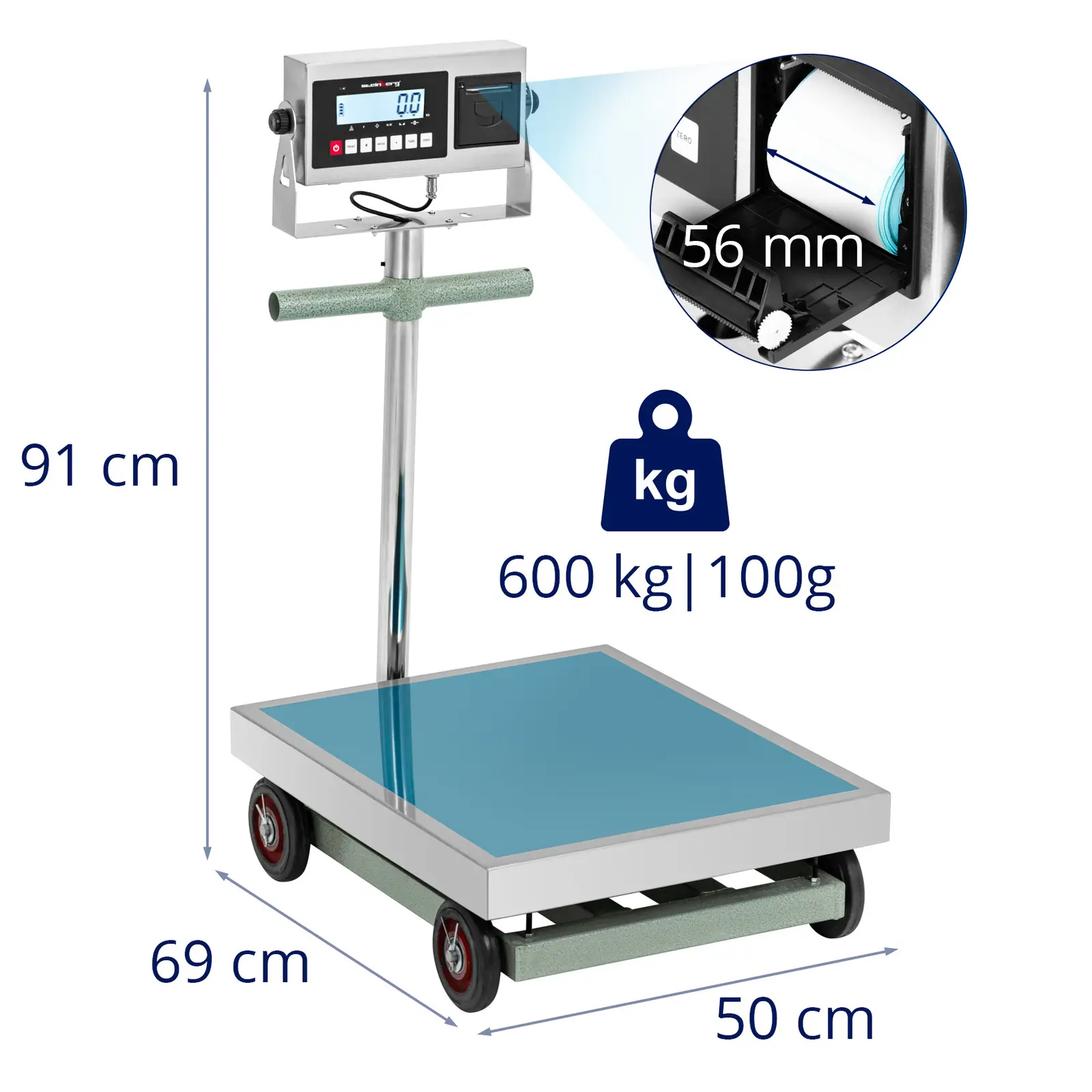 Plattformvekt - 600 kg / 100 g - 60 x 50 cm - LCD med etikettskriver - hjul