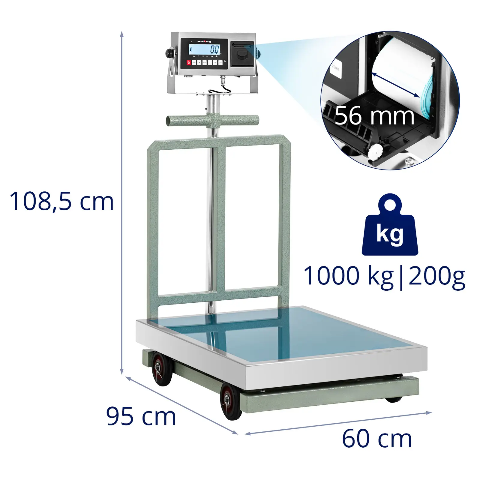 Báscula de plataforma - 1000 kg / 200 g - 60 x 80 cm - LCD con impresora de etiquetas - ruedas