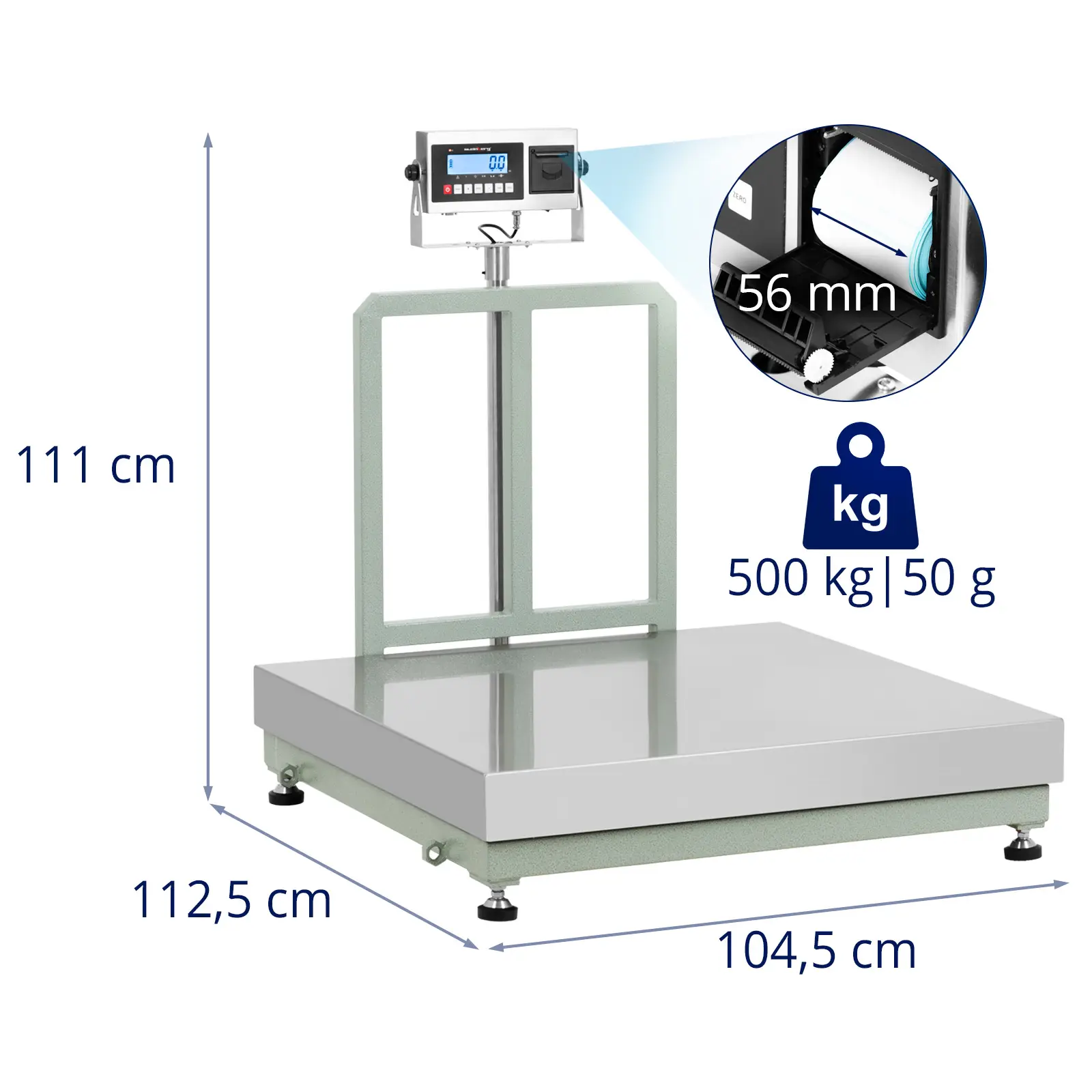 Balança de plataforma - 500 kg / 50 g - 100 x 100 cm - LCD - Impressora de etiquetas