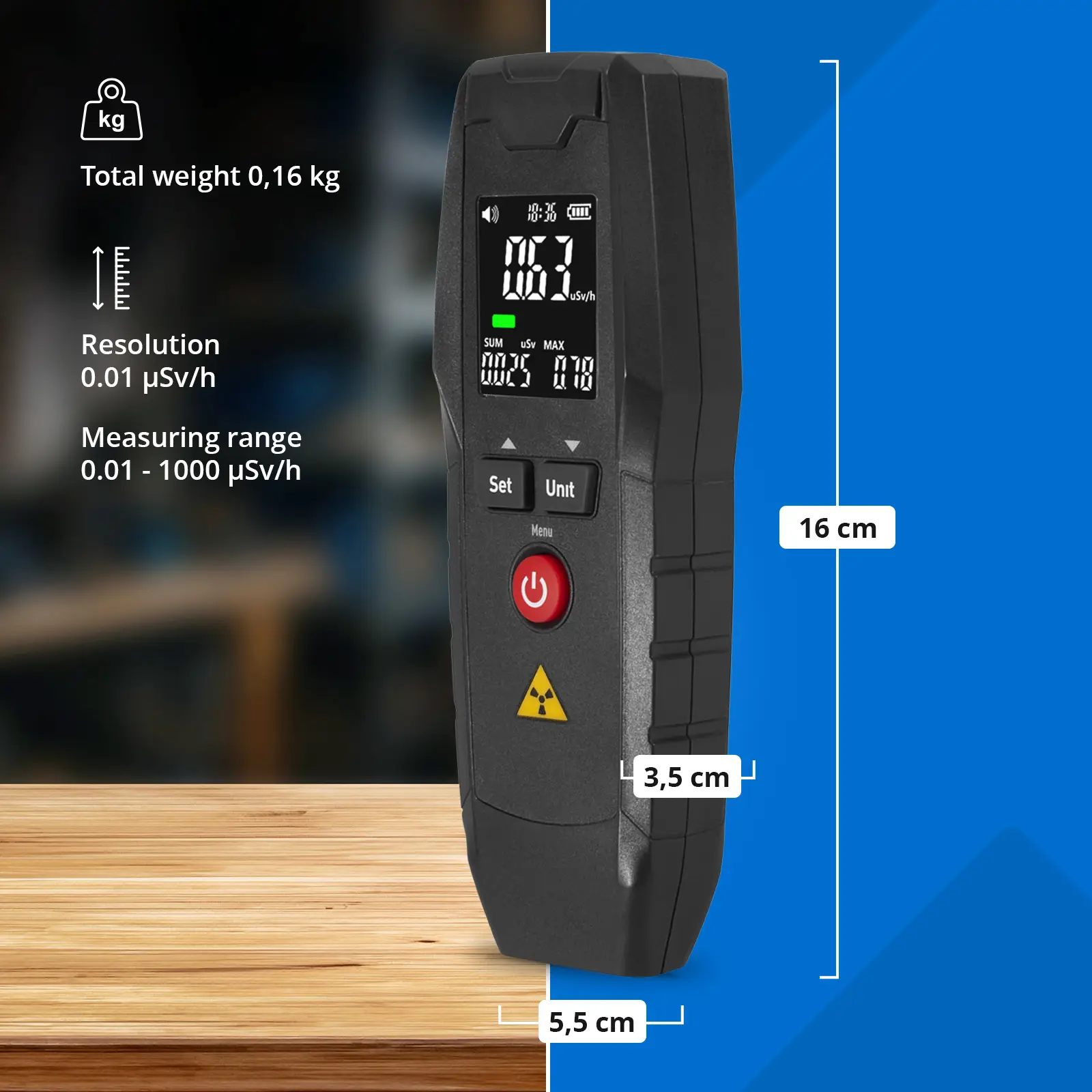  Geigerův čítač - 0.01 - 1000 μSv/h - β, γ, χ záření (Materiál: Plast ABS)