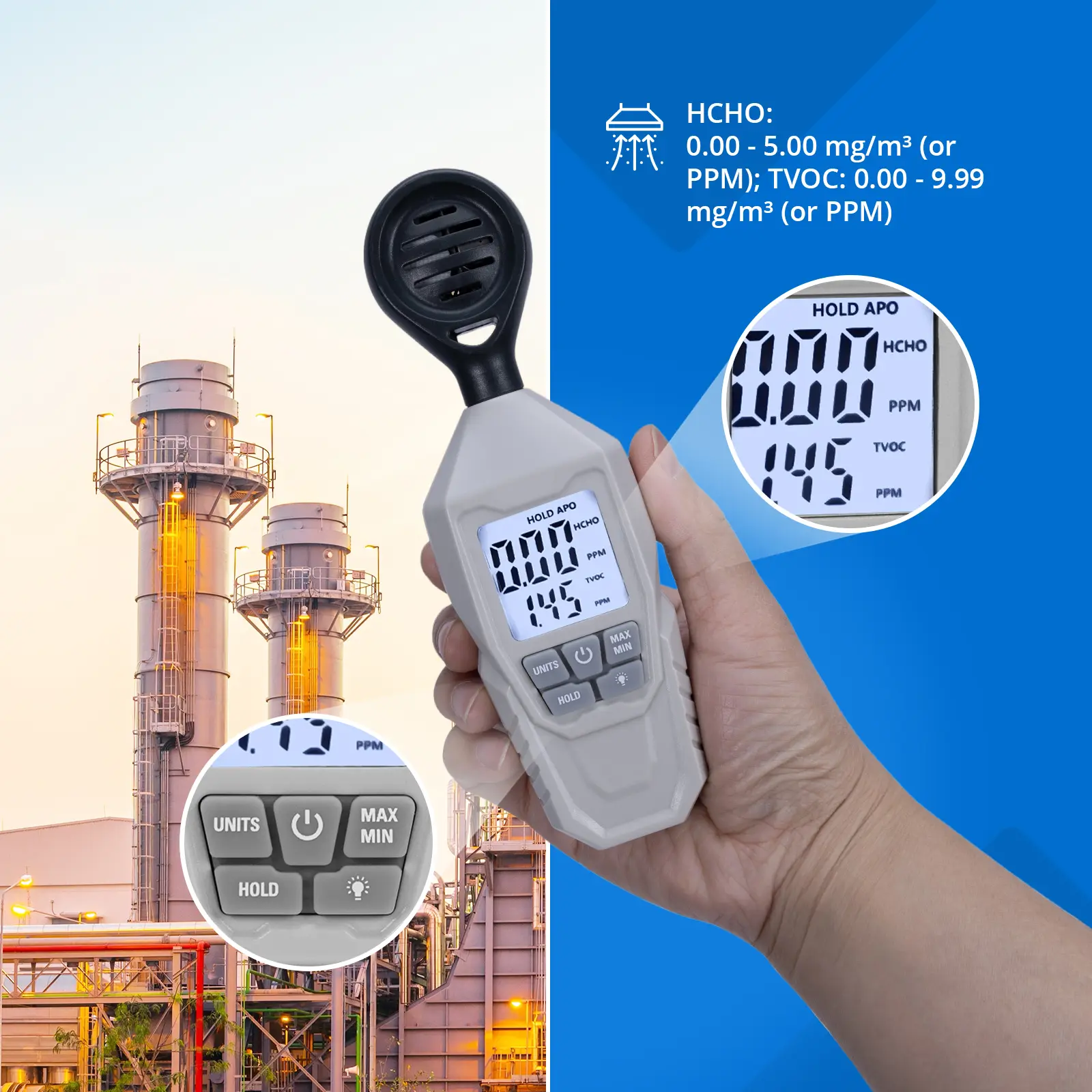 Analyseur d'air - à partir de 0,01 mg/m³ COVT / HCHO (Extinction automatique: Oui)