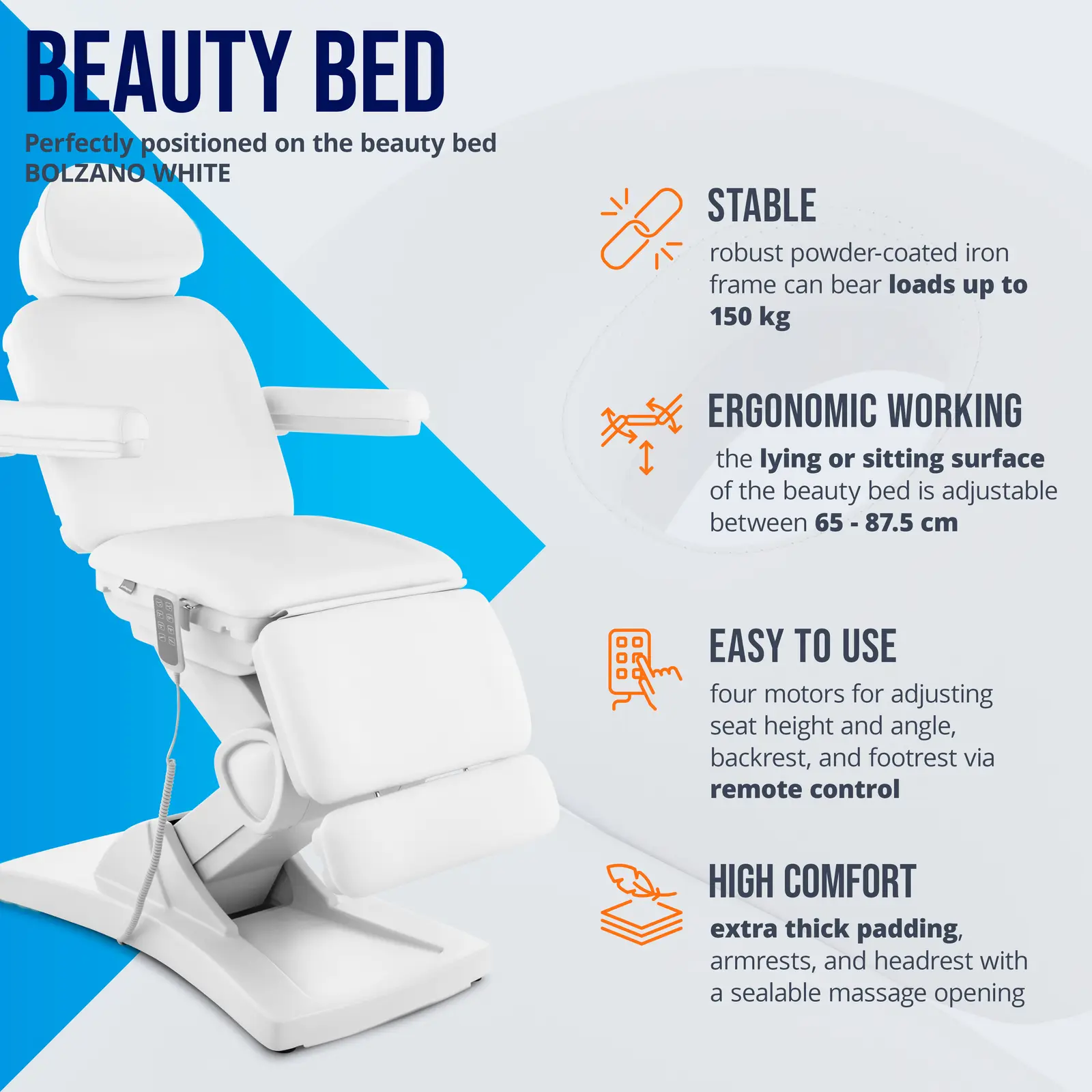 Elektrische Kosmetikliege - 4 Motoren - 350 W - 187 x 60 x 65 - 87,5 cm - 150 kg - weiß - 2