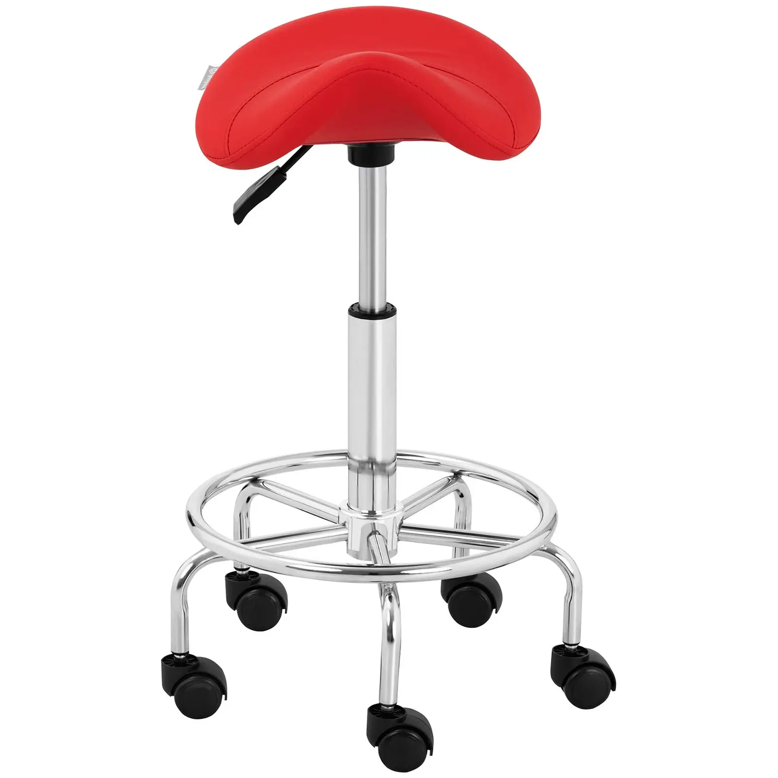 Sgabello per estetiste e parrucchieri - Con rotelle e sella di cavallo - 570 - 690 mm - 150 kg - Rosso