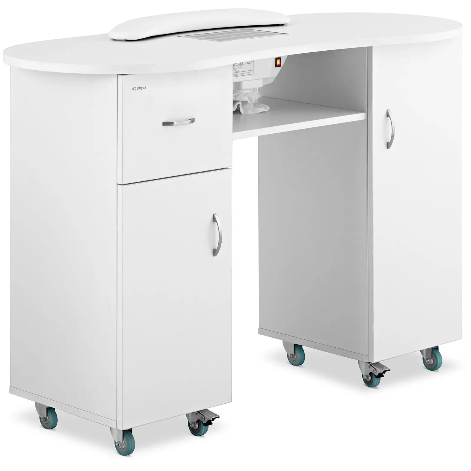 Manicure Station - 1,200 x 503 x 803 mm - White - on 8 castors - with dust extraction system and hand rest