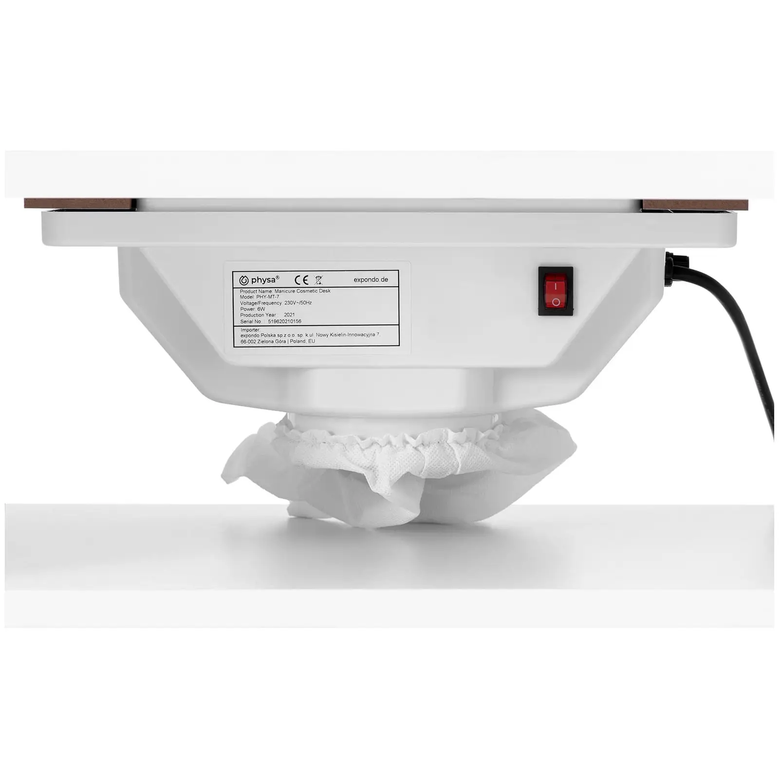 Stůl na manikúru - 1 200 x 503 x 803  mm - bílý - na 8 kolečkách - s odsáváním prachu a místem na odložení rukou (Hmotnost: 33 kg)