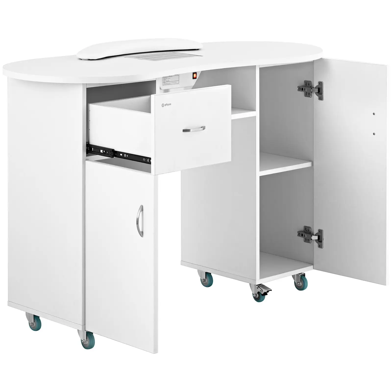 Stůl na manikúru - 1 200 x 503 x 803  mm - bílý - na 8 kolečkách - s odsáváním prachu a místem na odložení rukou (Počet zásuvek: 1 Pc)