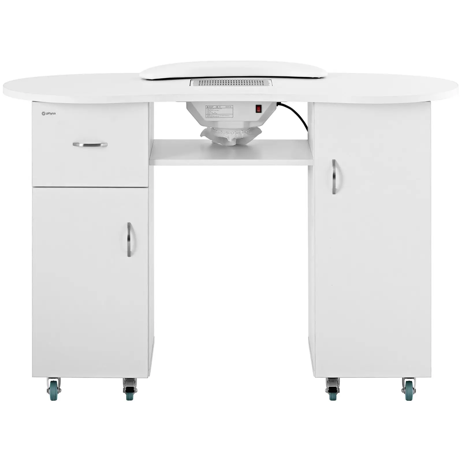 Stůl na manikúru - 1 200 x 503 x 803  mm - bílý - na 8 kolečkách - s odsáváním prachu a místem na odložení rukou (Materiál: MDF)