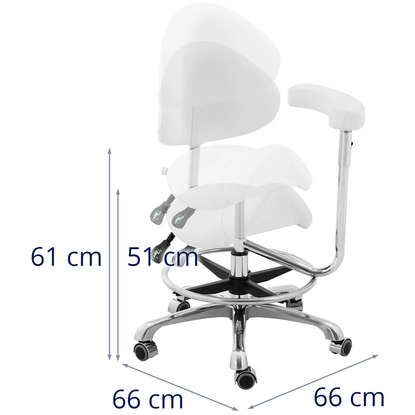 Sedlasti stol z naslonom za roke - nastavljiva višina naslona in sedeža - 51 - 61 cm - 150 kg - Bela