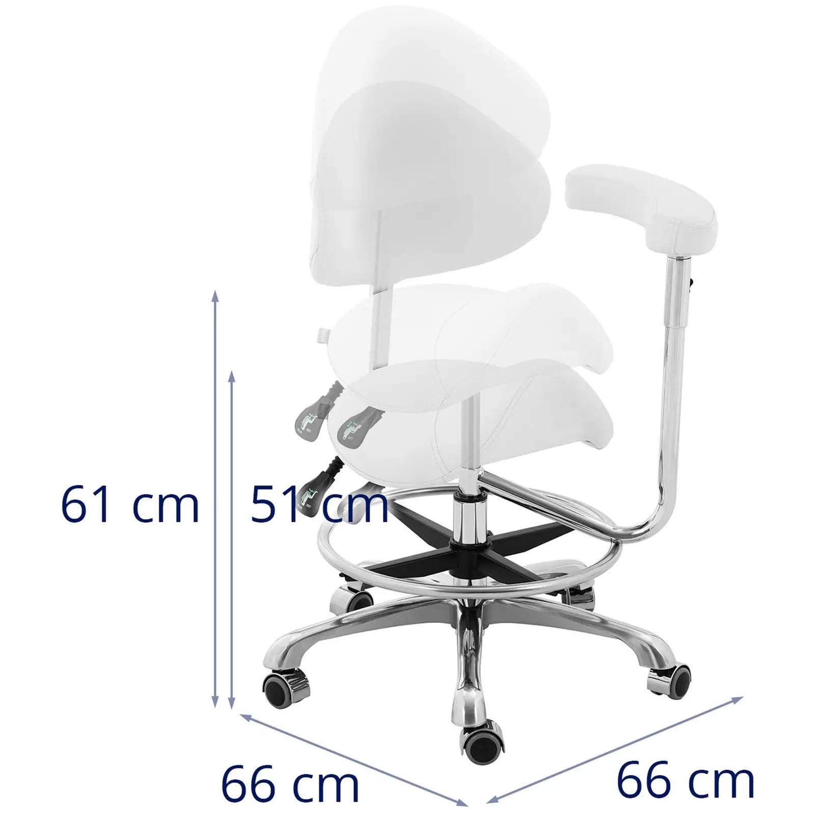 Nyeregszék karfával - állítható magasságú háttámla és ülés - 51–61 cm - 150 kg - Fehér