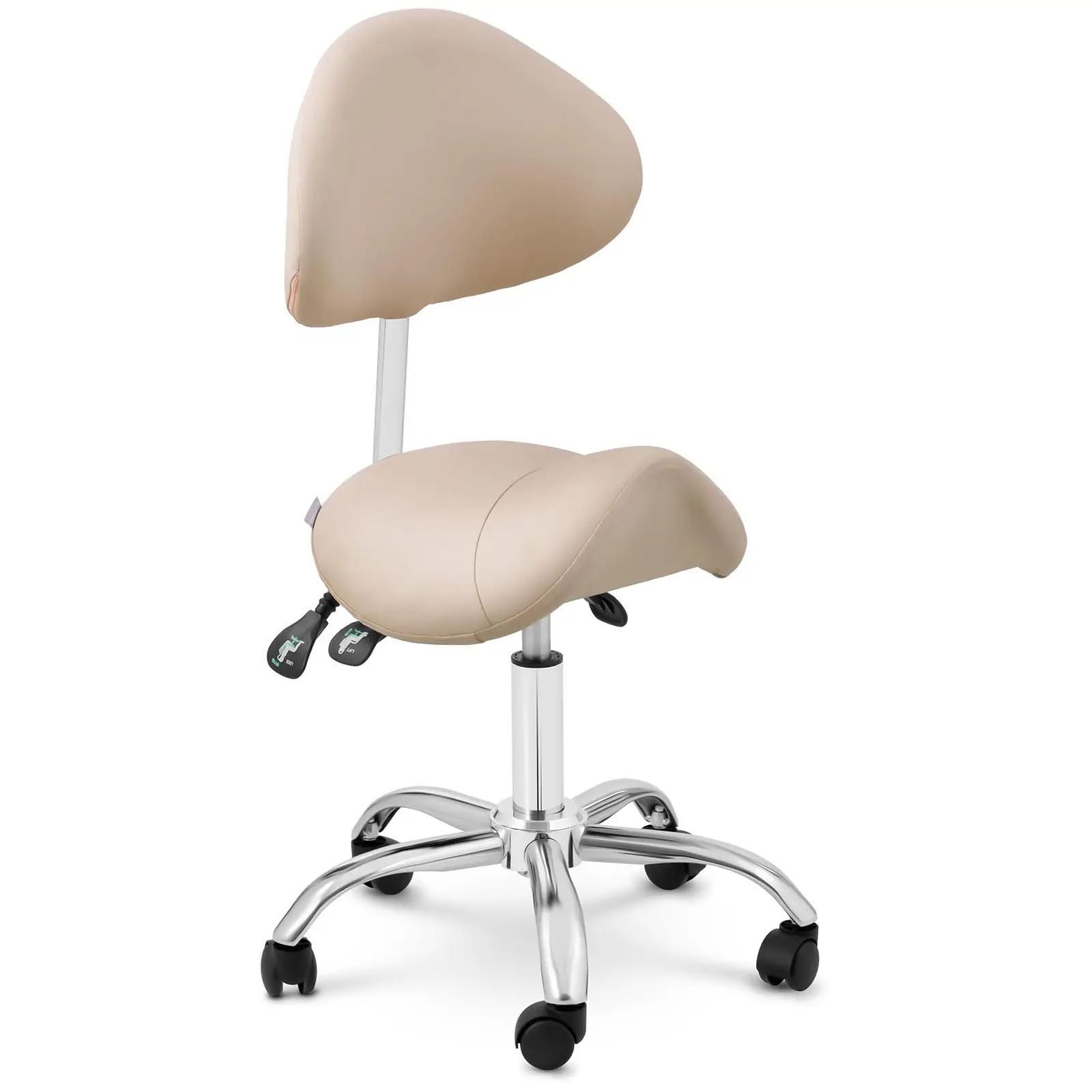 Ocasión Taburete de estética - 55 - 69 cm - 150 kg - Crema, Plateado - Respaldo y asiento regulables en altura