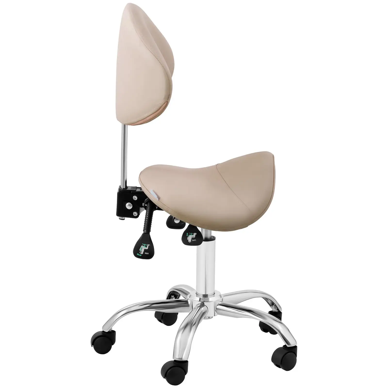 Ocasión Taburete de estética - 55 - 69 cm - 150 kg - Crema, Plateado - Respaldo y asiento regulables en altura