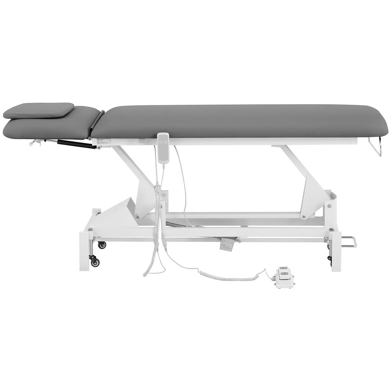 Elektrické masážní lehátko - 1 motor - 100 W - 207 x 68 x 53–92 cm - 200 kg - bílé/šedé (Kolečka: Ano)