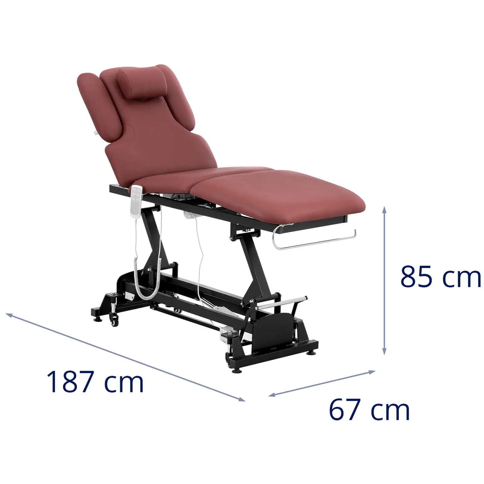 Elektrické masážní lehátko - 3 motory - 300 W - 185 x 67 x 62–84 cm - 200 kg - černá/bordeaux (Tloušťka polstrování: 80 mm)