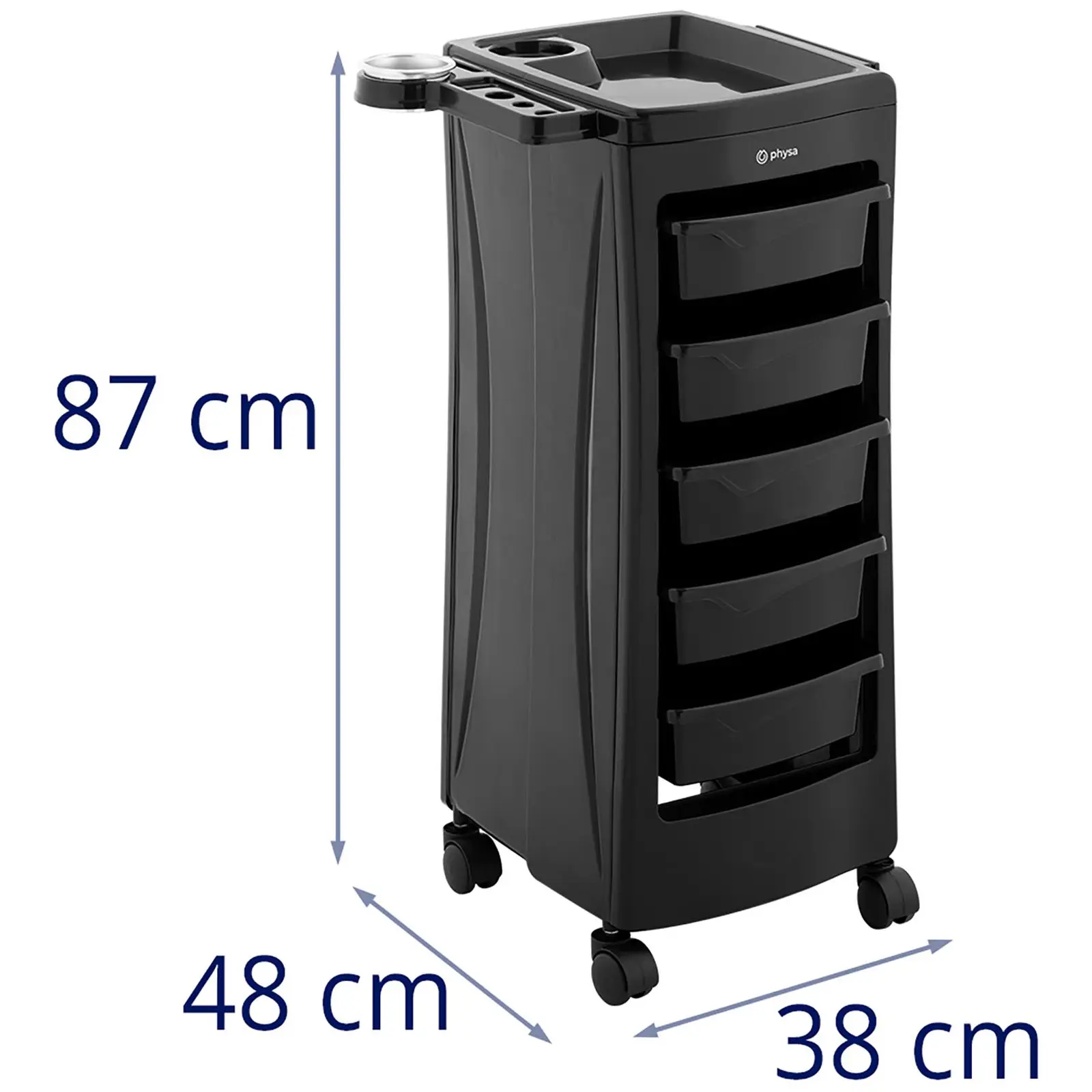 Frisør-rullebord - 10 kg - 5 skuffer - holder til hårtørrer - 485 x 380 mm hylde