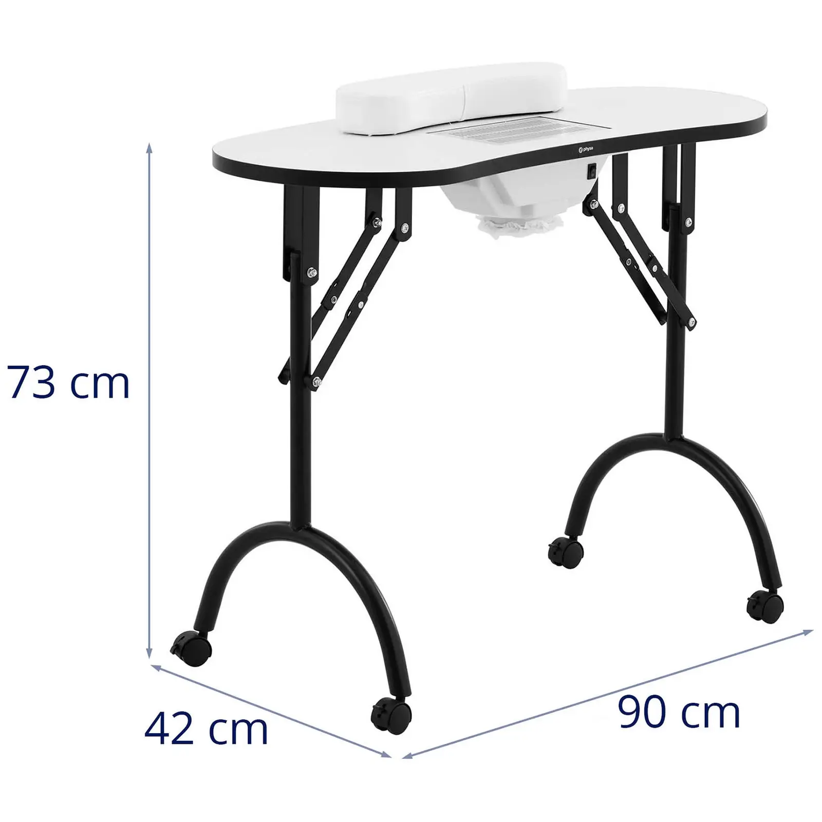 Miza za delo z nohti - zložljiva - bela - 4 kolesa - ekstrakcija