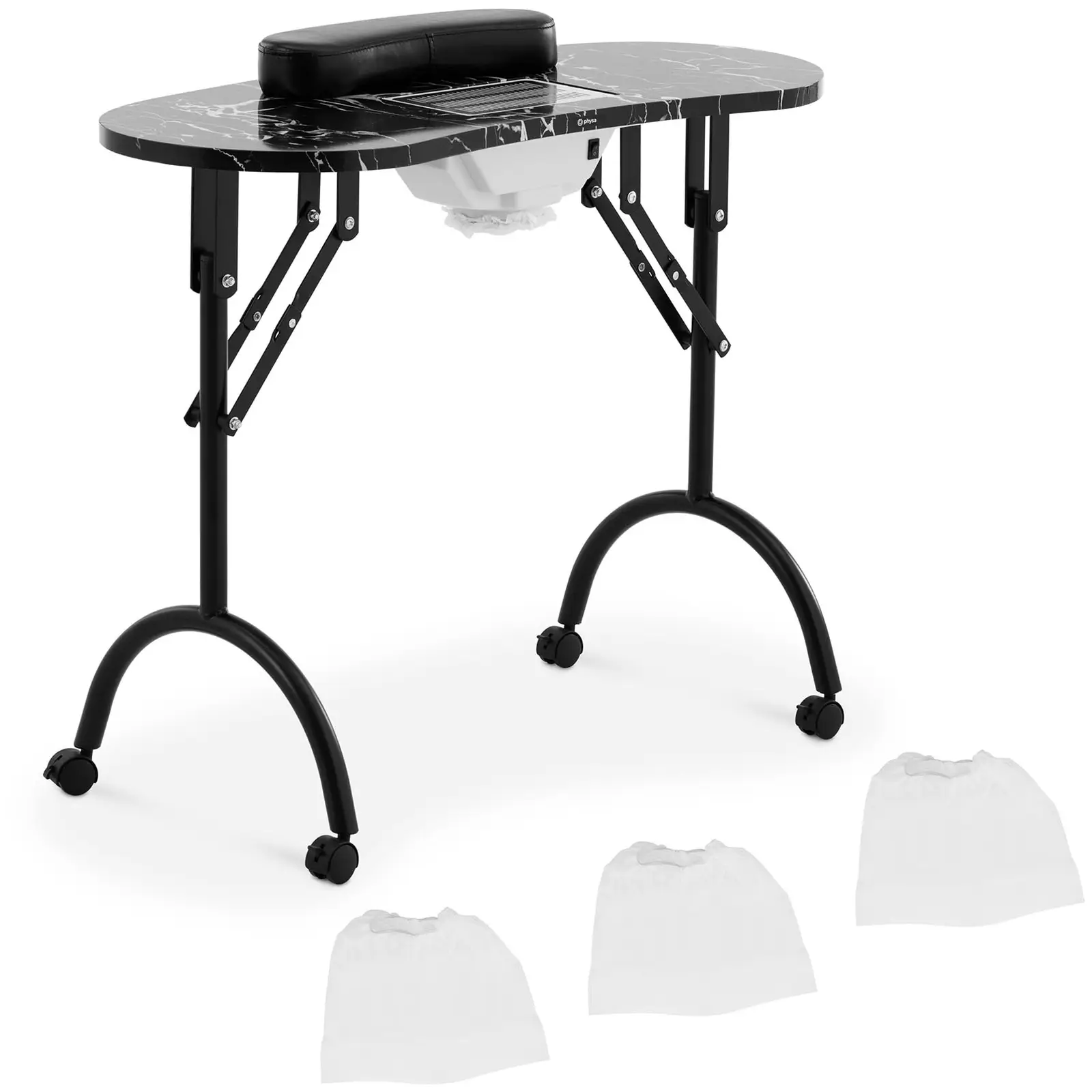 Table manucure pliante - noir - 4 roues - aspirateur