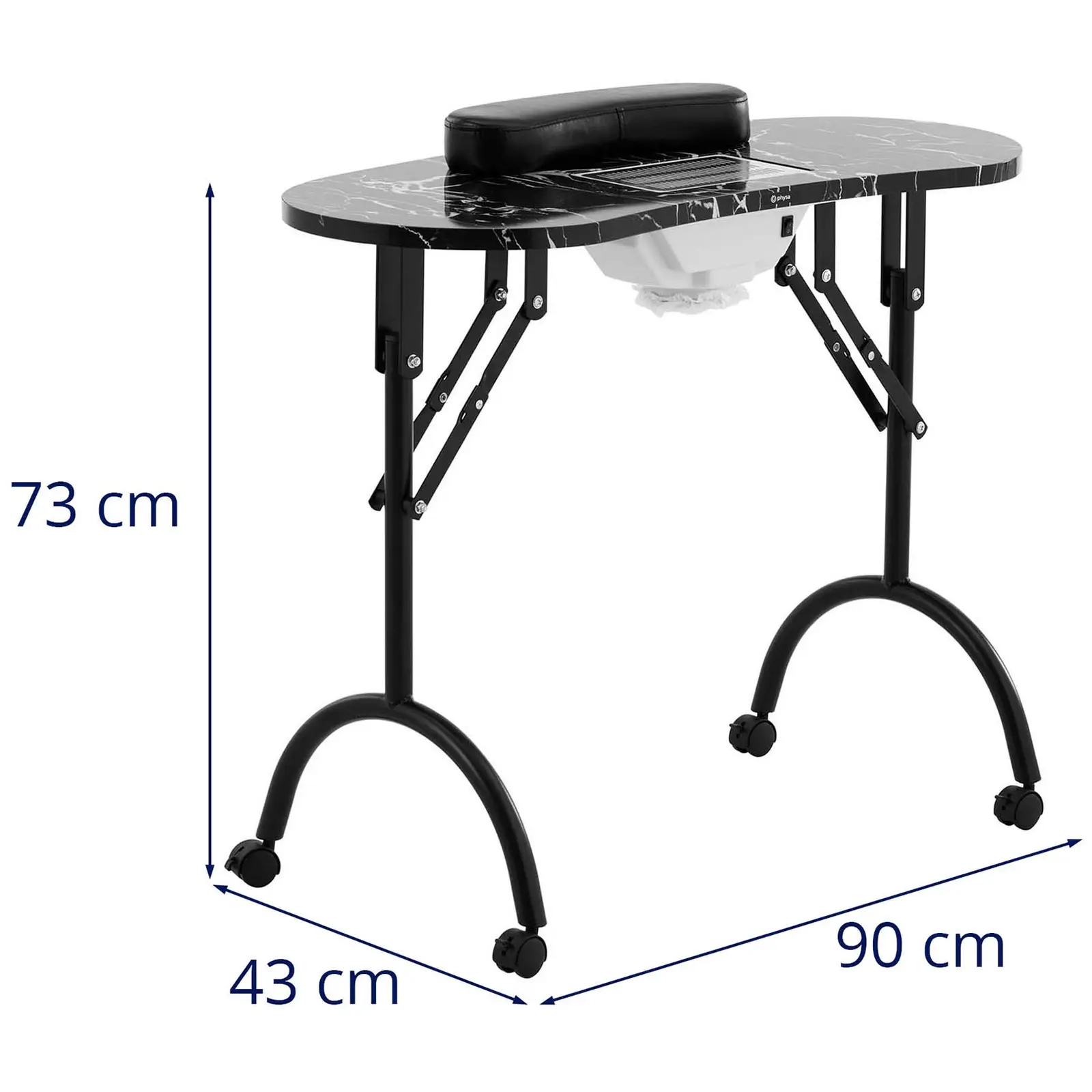 Összecsukható műkörmös és manikűrös asztal - fekete - 4 kerék - elszívó