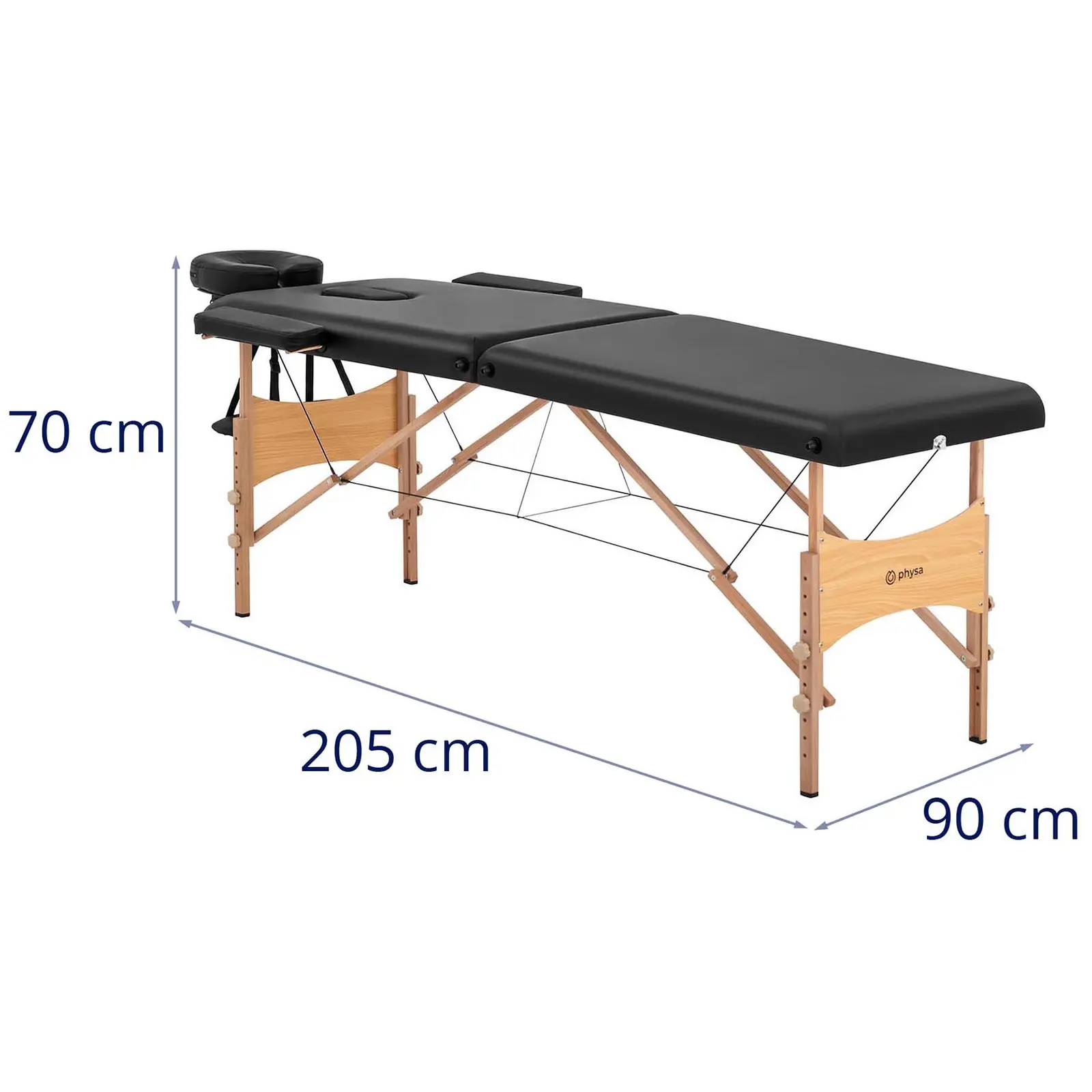 Massageliege klappbar - extrabreit (70 cm) - neigbare Kopf- und Fußstütze - Buchenholz - schwarz